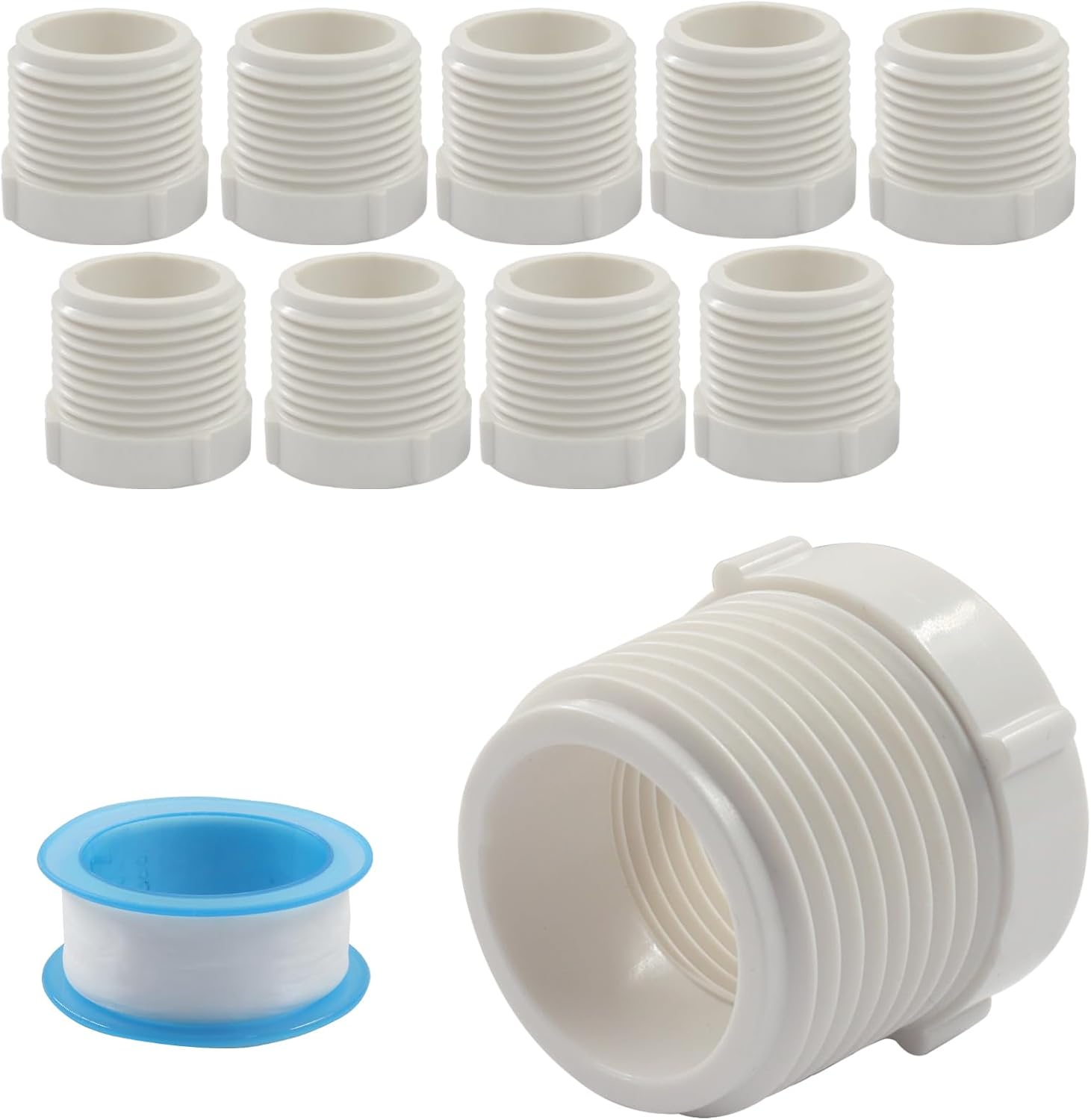 10 Pack 1 Inch Male Thread to 1/2 Inch Female Threaded PVC Pipe Fittings Connector, Reducer Bushing Adapter Coupling with Teflon Tape White