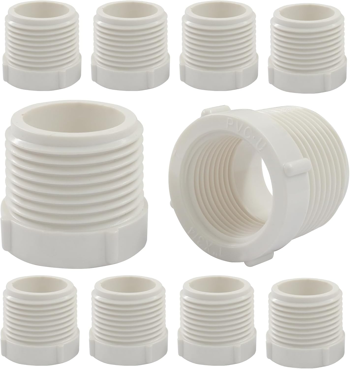10 Pack 1 Inch Male Thread to 1/2 Inch Female Threaded PVC Pipe Fittings Connector, Reducer Bushing Adapter Coupling with Teflon Tape White