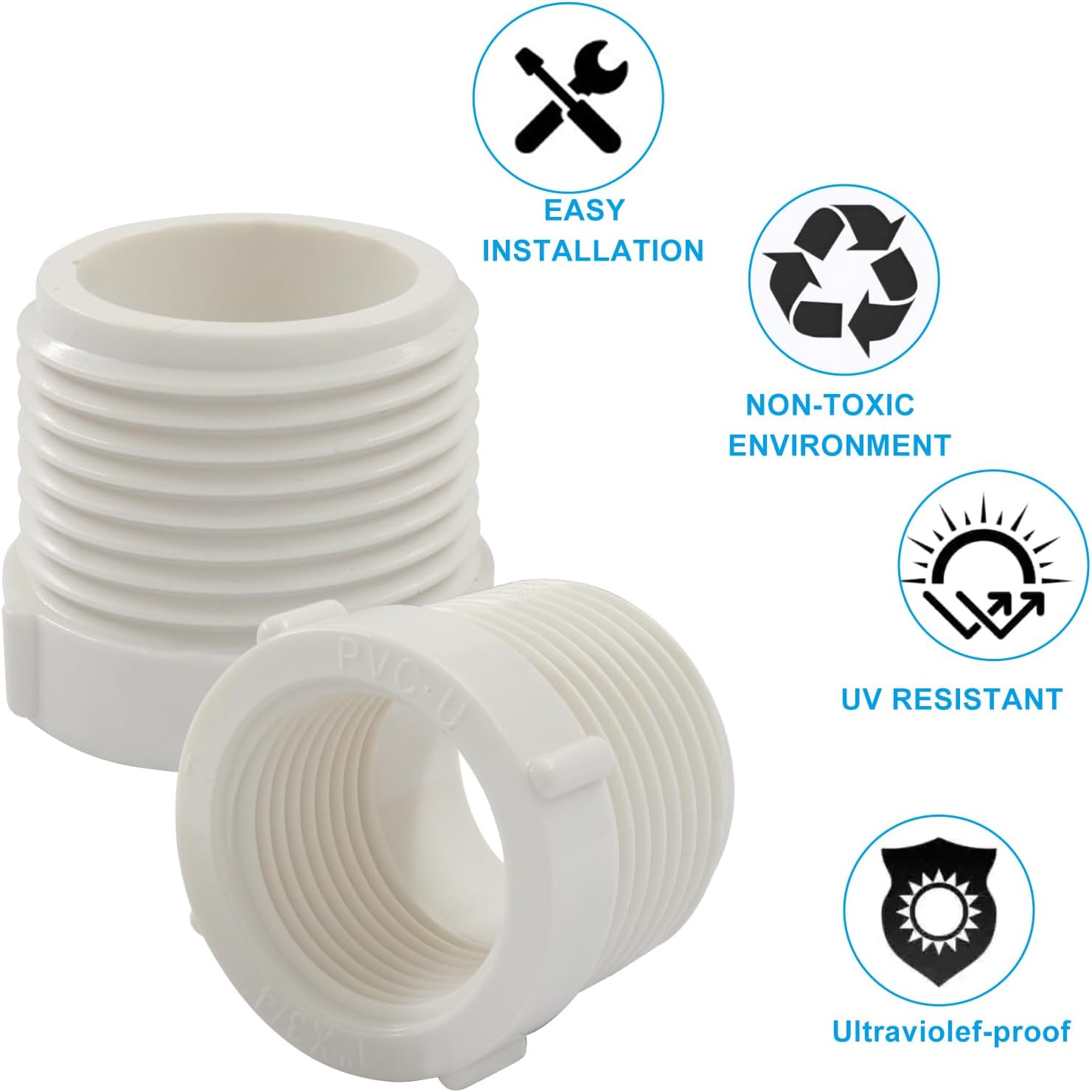 10 Pack 1 Inch Male Thread to 1/2 Inch Female Threaded PVC Pipe Fittings Connector, Reducer Bushing Adapter Coupling with Teflon Tape White
