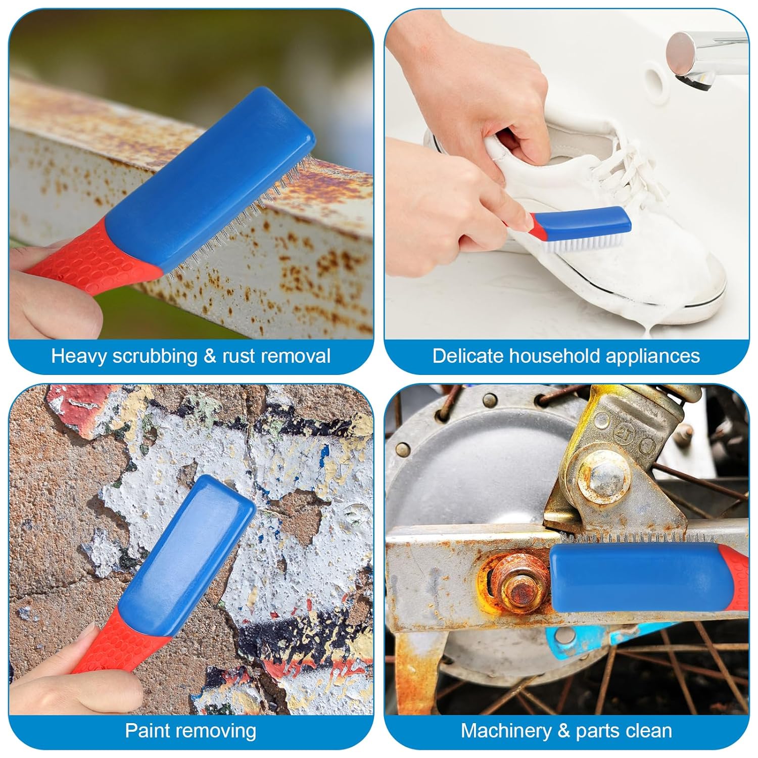 Wire Brush 2 Pack, Multi-Purpose Stainless Steel Scratch Bristle & Nylon Abrasive Brush Set for Cleaning Heavy Duty Metal Rust, Scrubbing Dirt & Paint Removal with Rubber Covered Curved Handle