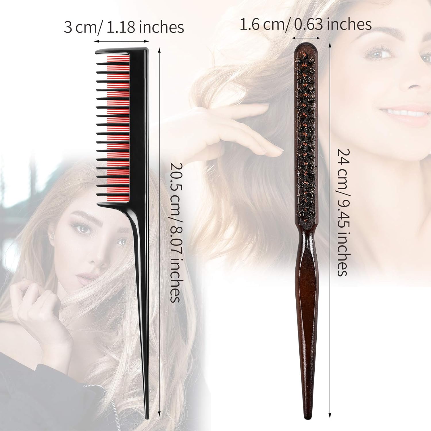 3 Pcs Hair Teasing Comb Set Includes 2 Nylon Triple Comb and Boar Bristle Teaser Brushes for Women Stylist Men Backcombing Slicking Curly Thick Wet Hair Black