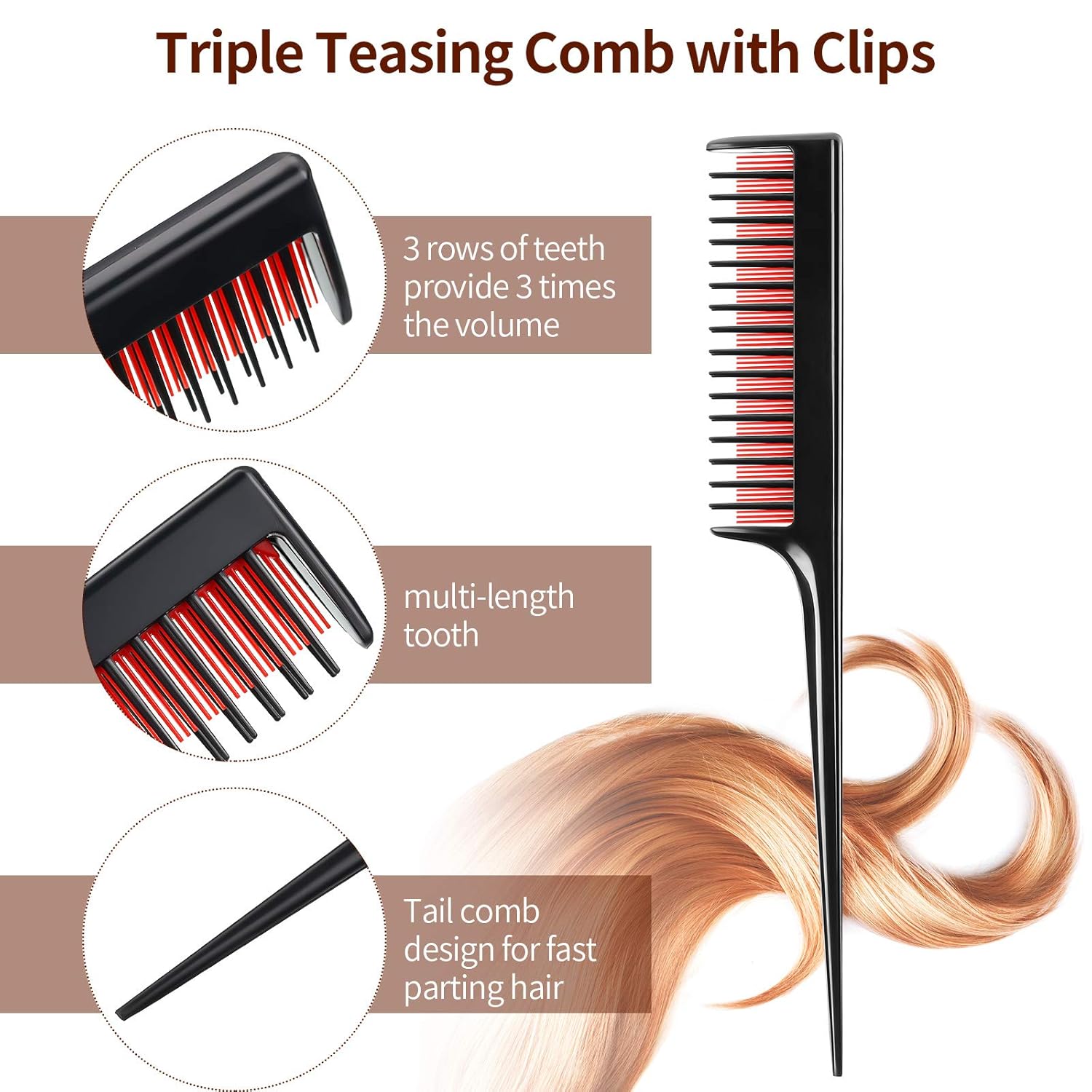 3 Pcs Hair Teasing Comb Set Includes 2 Nylon Triple Comb and Boar Bristle Teaser Brushes for Women Stylist Men Backcombing Slicking Curly Thick Wet Hair Black