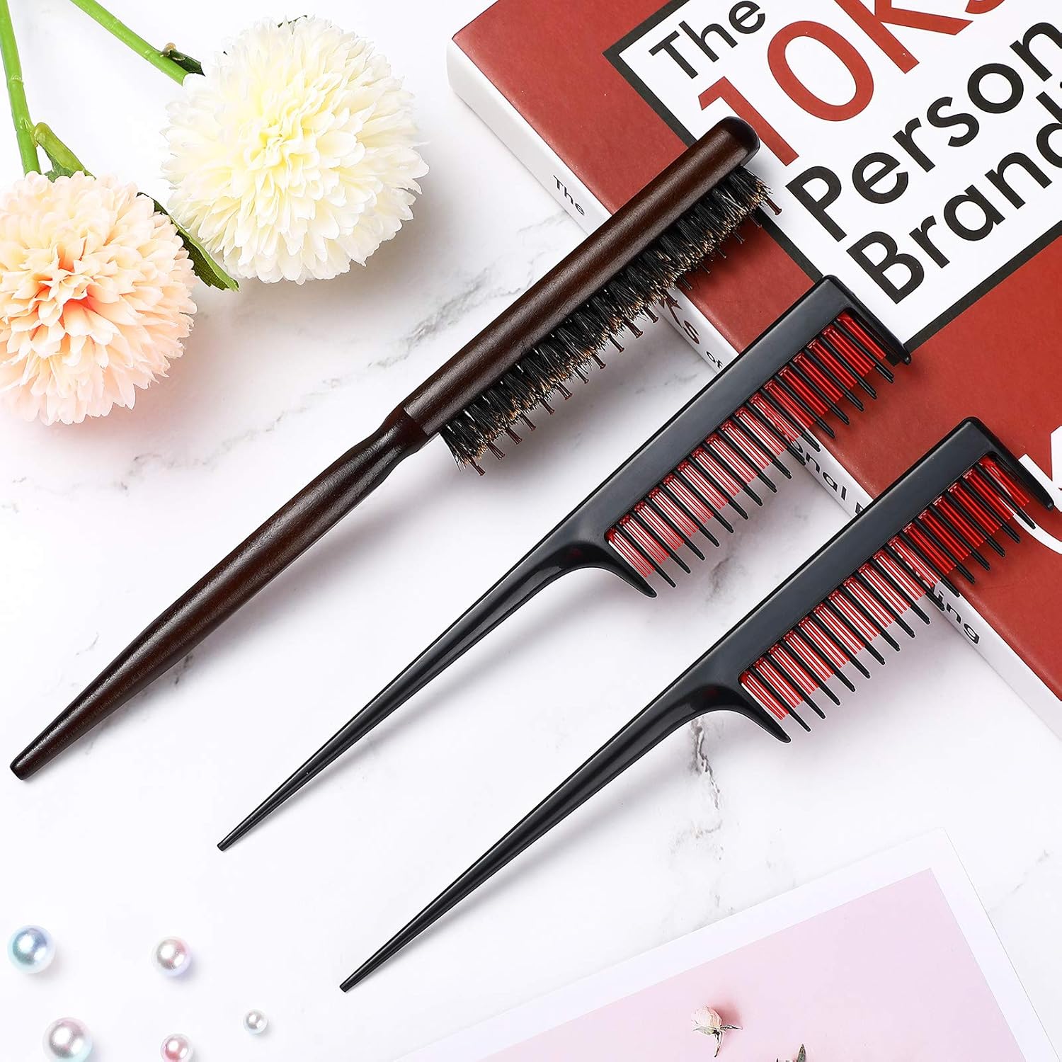 3 Pcs Hair Teasing Comb Set Includes 2 Nylon Triple Comb and Boar Bristle Teaser Brushes for Women Stylist Men Backcombing Slicking Curly Thick Wet Hair Black