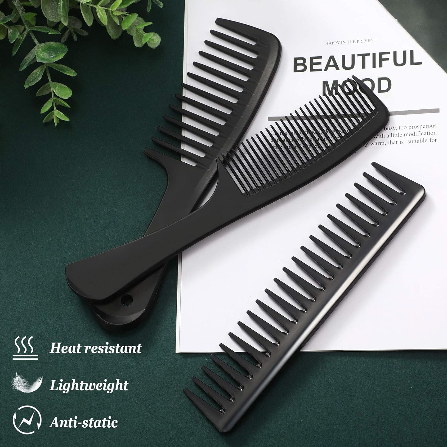 3 Pieces Wide Tooth Detangling Hair Comb Styling Set, Carbon Fiber Styling Cutting Comb Anti Static Heat Resistant for Women Curly Straight Long Hair, Black