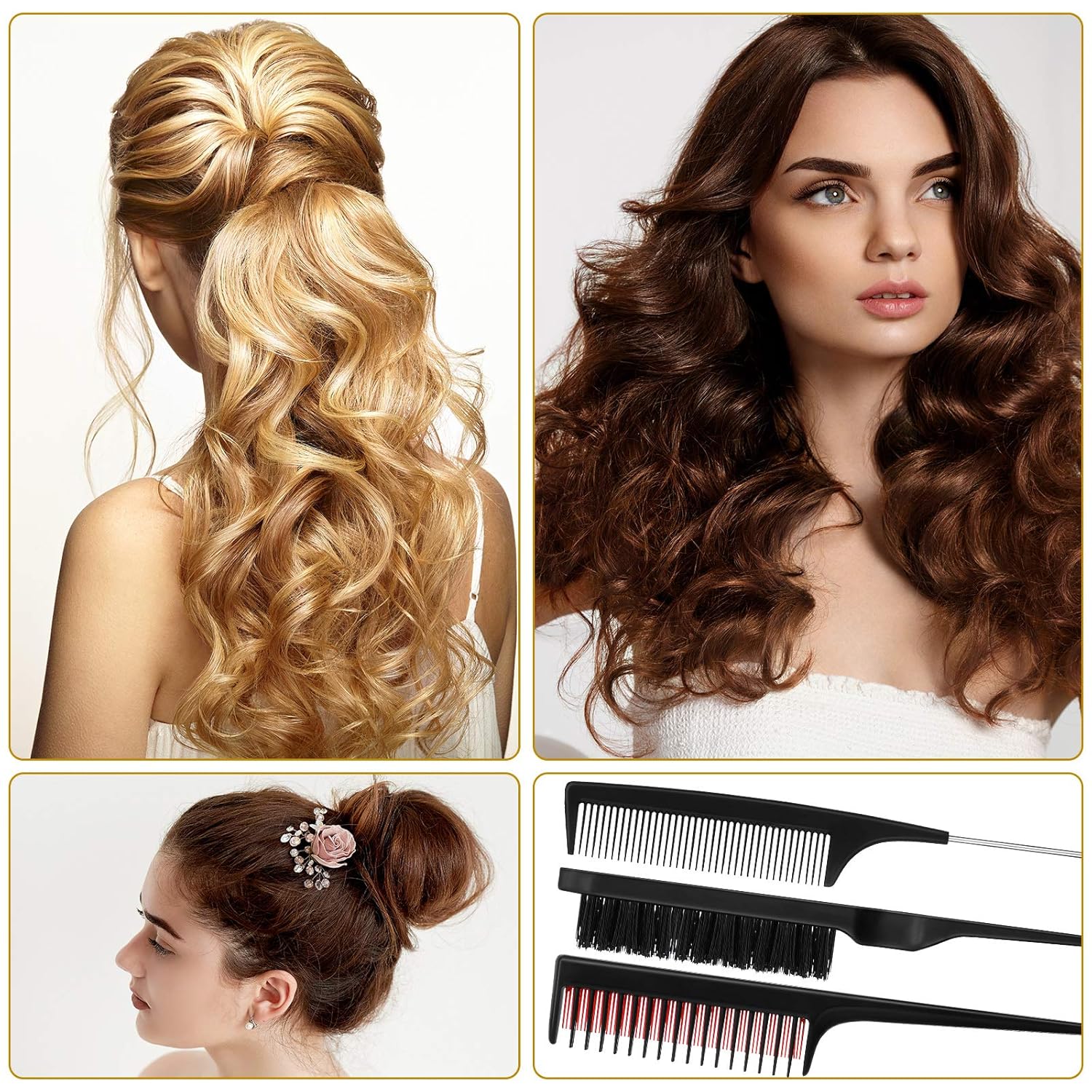 3 Pieces Hair Styling Comb Set for Women's Back Combing - Teasing/Fluffy Brush, Rat Tail Comb, and Triple Combing Comb Black
