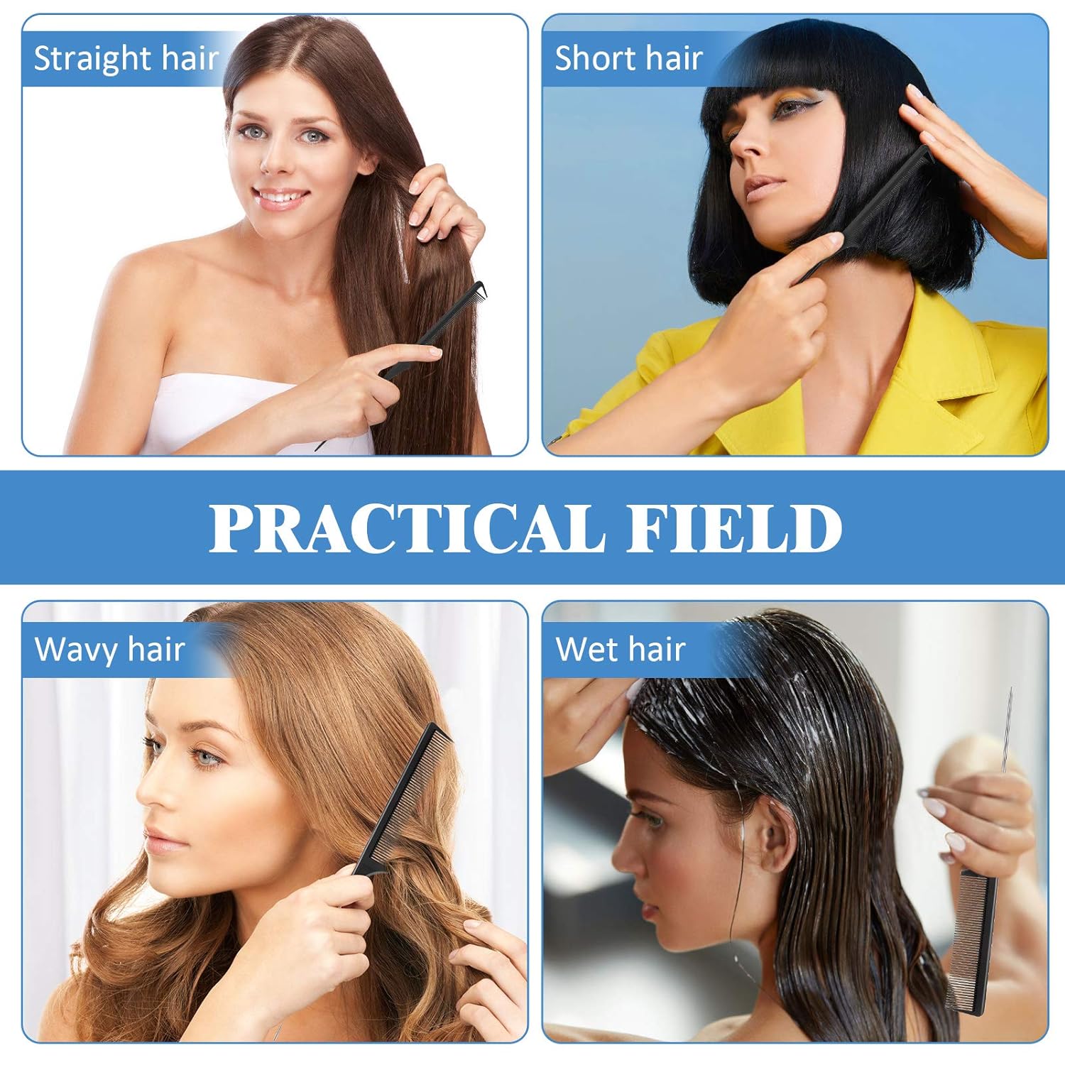 12 Pieces Rat Tail Comb Carbon Fiber Parting Set, Stainless Steel Tail Hair Comb Heat Resistant Teasing for Braid Hair Salon Home Use
