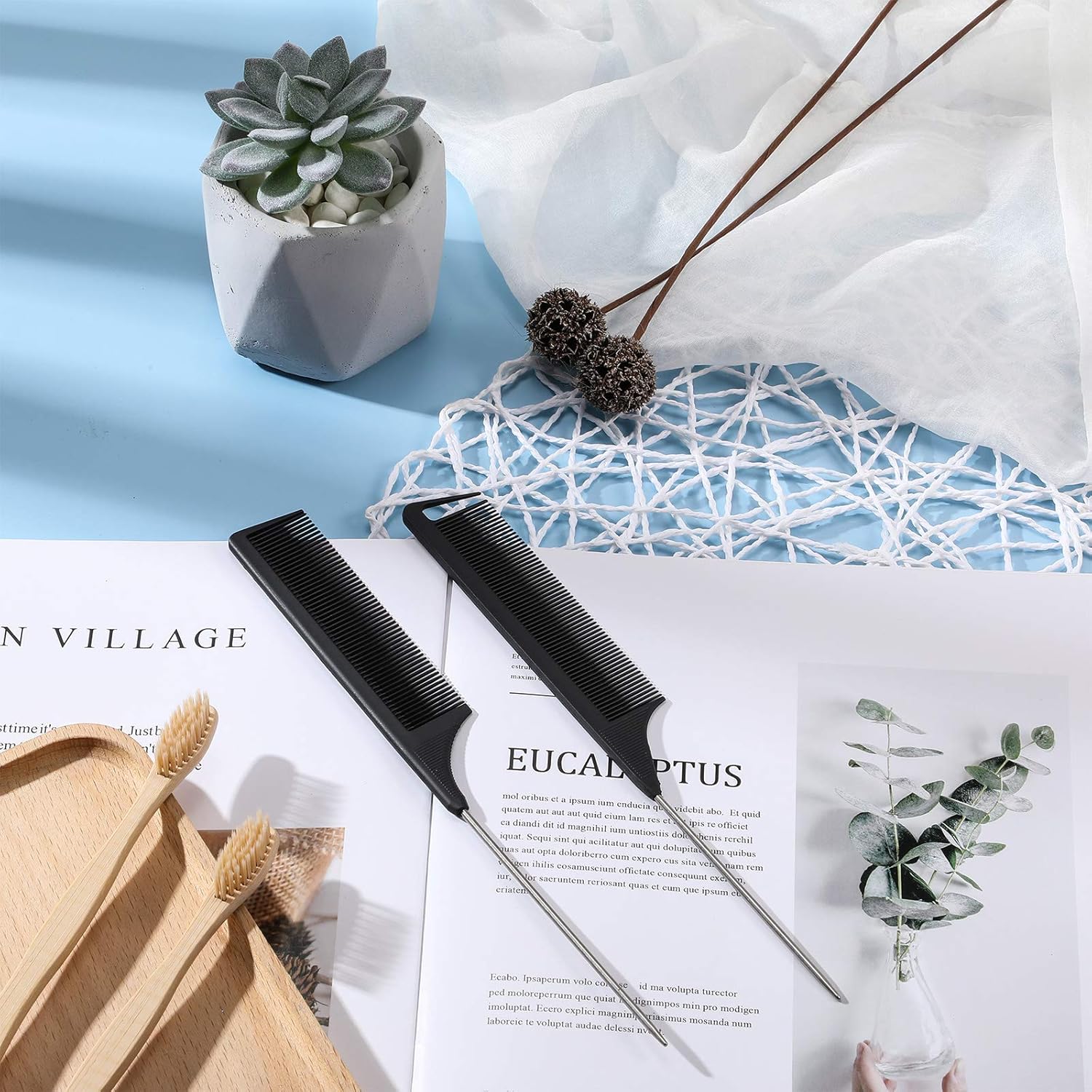 12 Pieces Rat Tail Comb Carbon Fiber Parting Set, Stainless Steel Tail Hair Comb Heat Resistant Teasing for Braid Hair Salon Home Use