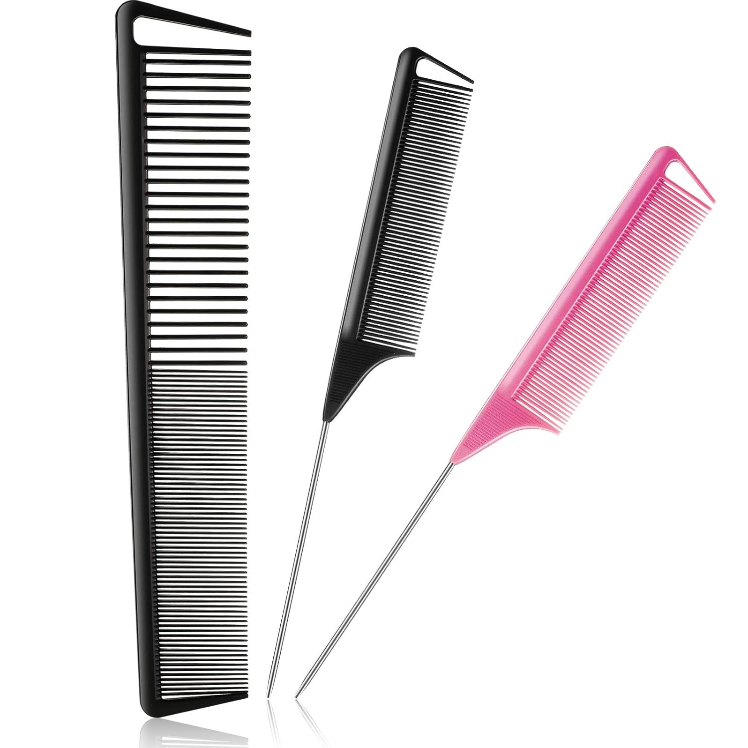 3 Pcs Rat Tail Parting Comb for Braids Carbon Fiber Stainless Steel Pintail Teasing Combs Heat Resistant with Wide Tooth for Men and Women, Hair Stylist, Salon Hairdressing Hair Care Tools