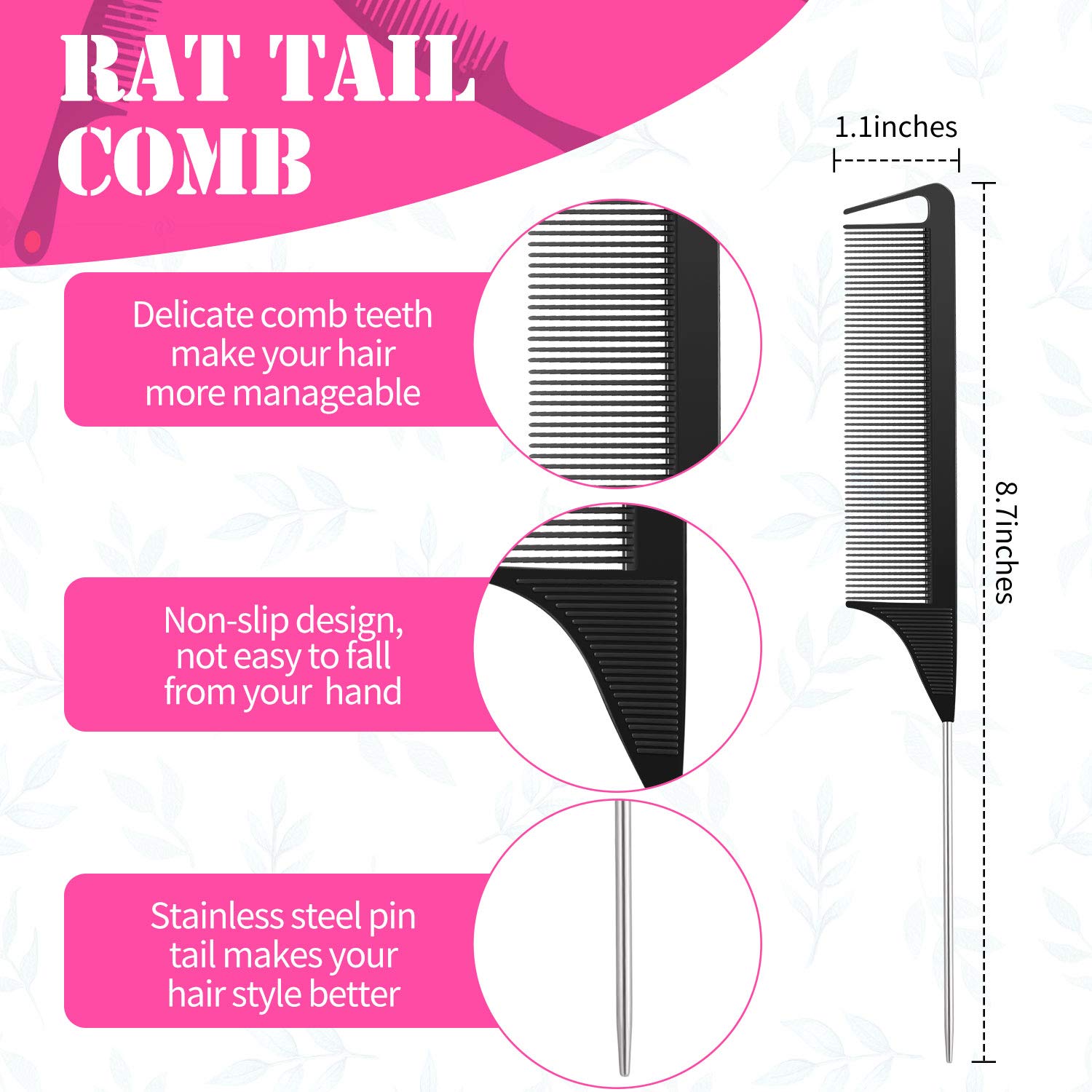 Hair Comb Set, 8 Pieces Rat Tail Combs, Teasing Combs, and Hand-held Alligator Clips, Carbon Fiber & Metal, for Hair Stylist, Braiding, Hair Women Girls, Daily Use