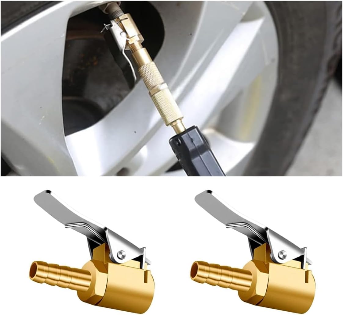 2PCS 1/4" Brass Locking Tire Air Chucks, Portable Barb Lock No Leakage Air Chuck Adapter, Locking Tire Inflator Nozzle Adapter Air Compressor Tire Chuck Hose End Repair Barb Type