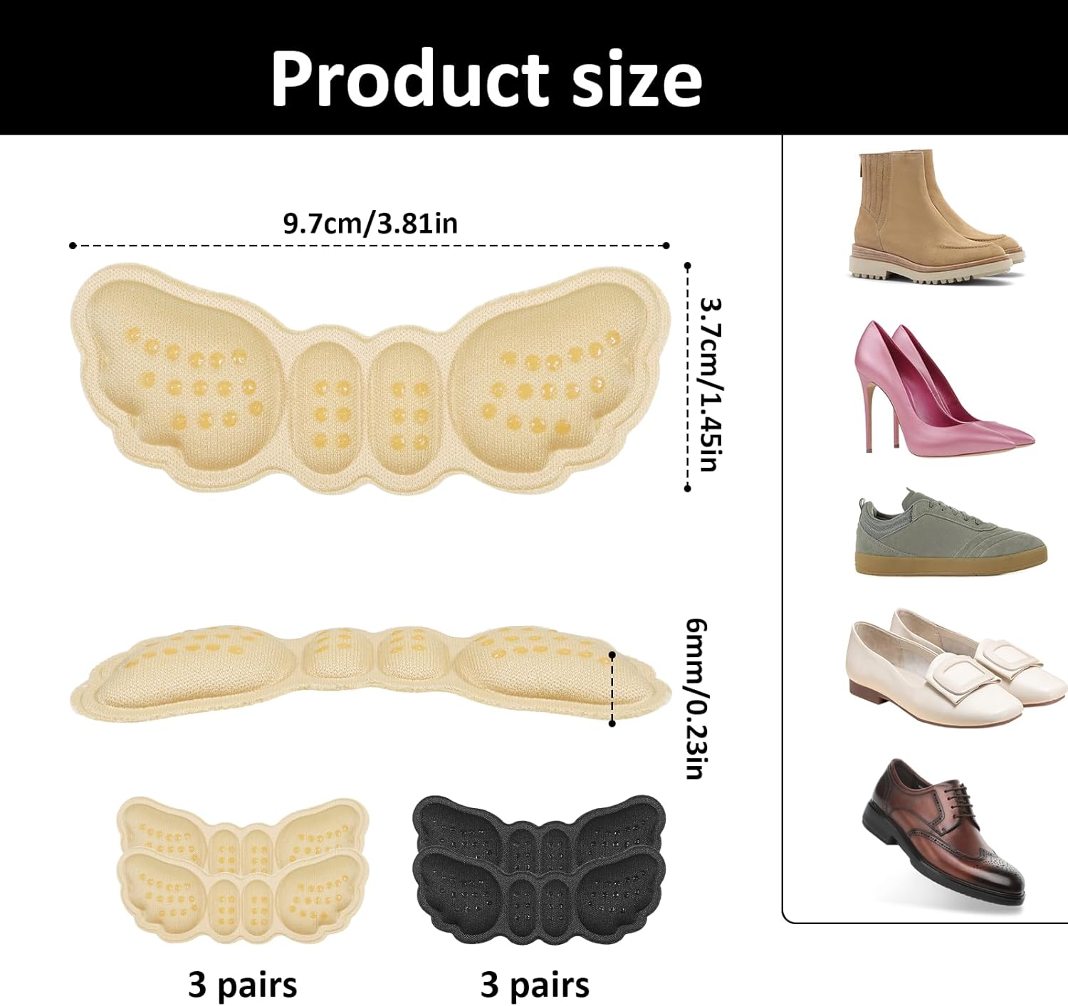 6 Pairs Heel Pads for Shoes, Soft Heel Grips Cushion Comfortable Heels Pads Cushion Protectors Inserts for Men Women Pain Relief, Improved Fit Loose Shoes, Comfort Protectors Black, Beige
