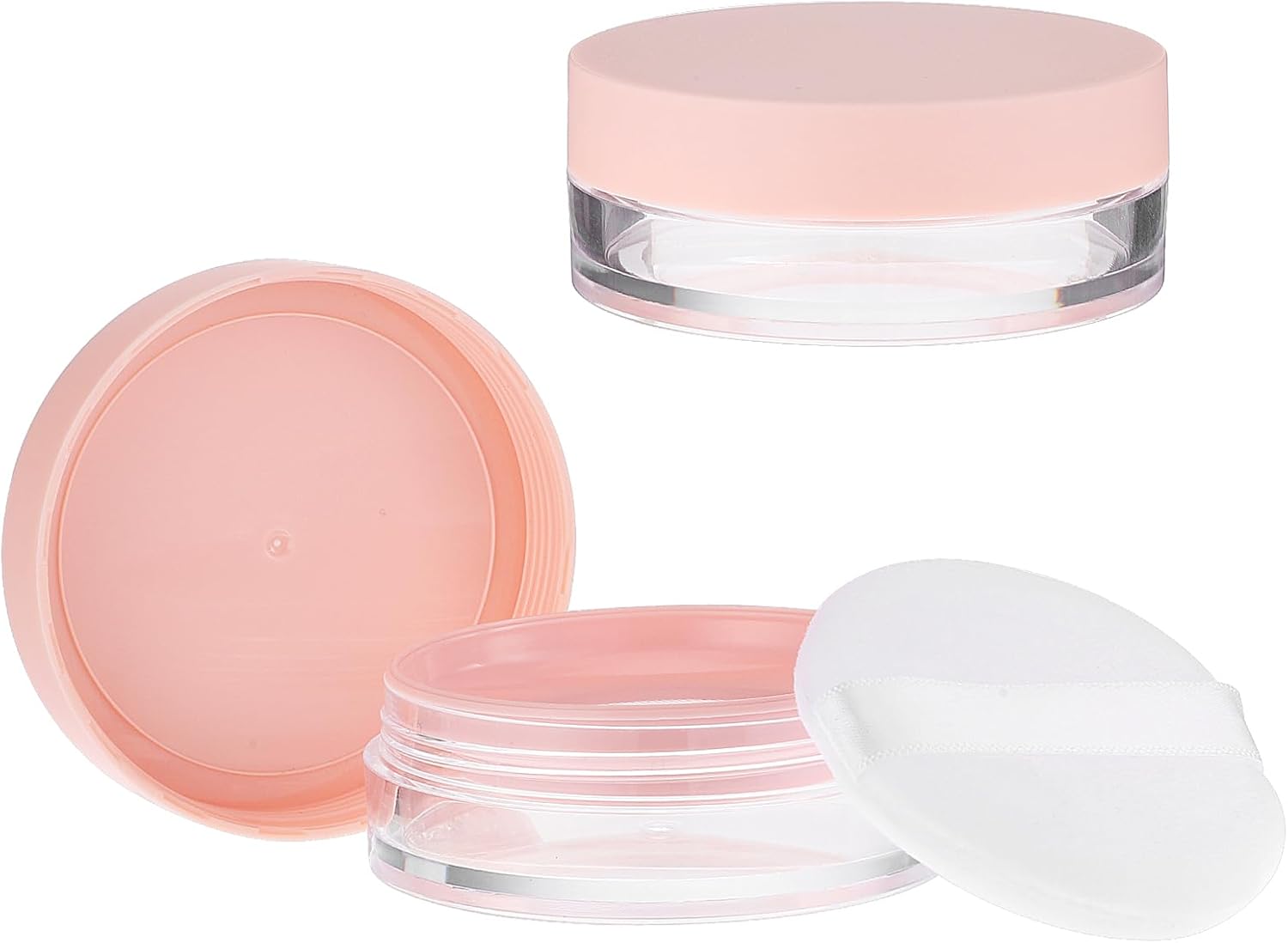 10ml 0.34oz Loose Powder Containers, No Leak Plastic Empty Reusable Refillable Travel Compact Portable Makeup Powder Case Container with Pink Screw Lid, Elastic Net Sifter Sponge Puff