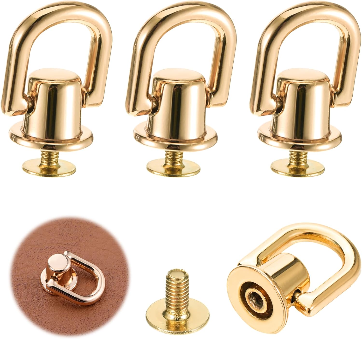 4 Pcs D Rings for Purse, Heavy Duty 360° Rotatable Metal Hardware, Stud Screw Ball Rivets with Punch Purse Making Supplies for Crossbody Conversion Kit DIY Handbag Leather Straps, Dog Collar Gold