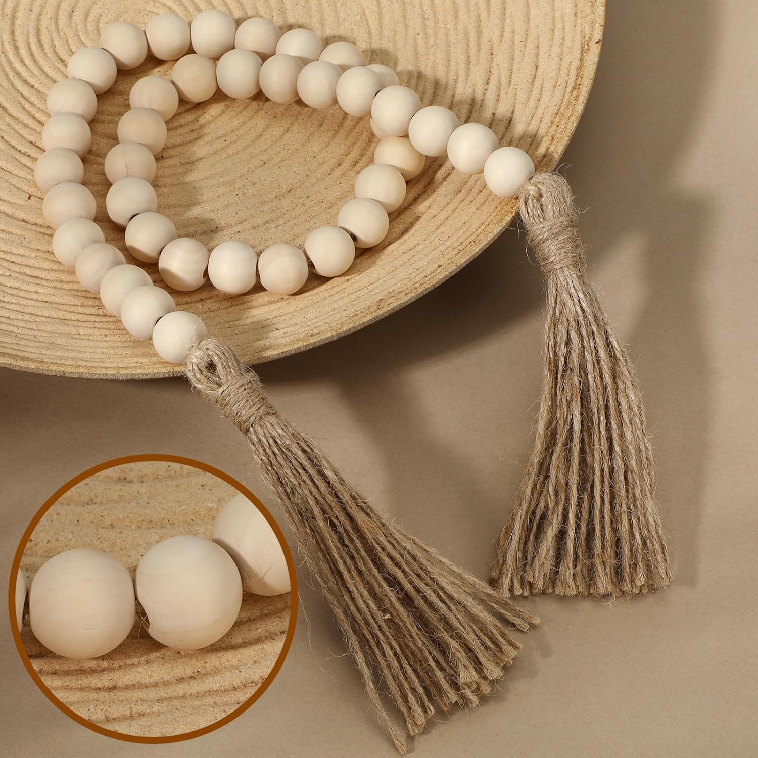 34in Farmhouse Wood Beads Garland with Tassels, Decorative Bead Home Decor Wooden Beads Garland Country Room Hanging for Wood Entryway Table, Shelf, Tray, Curtain Decor Beige