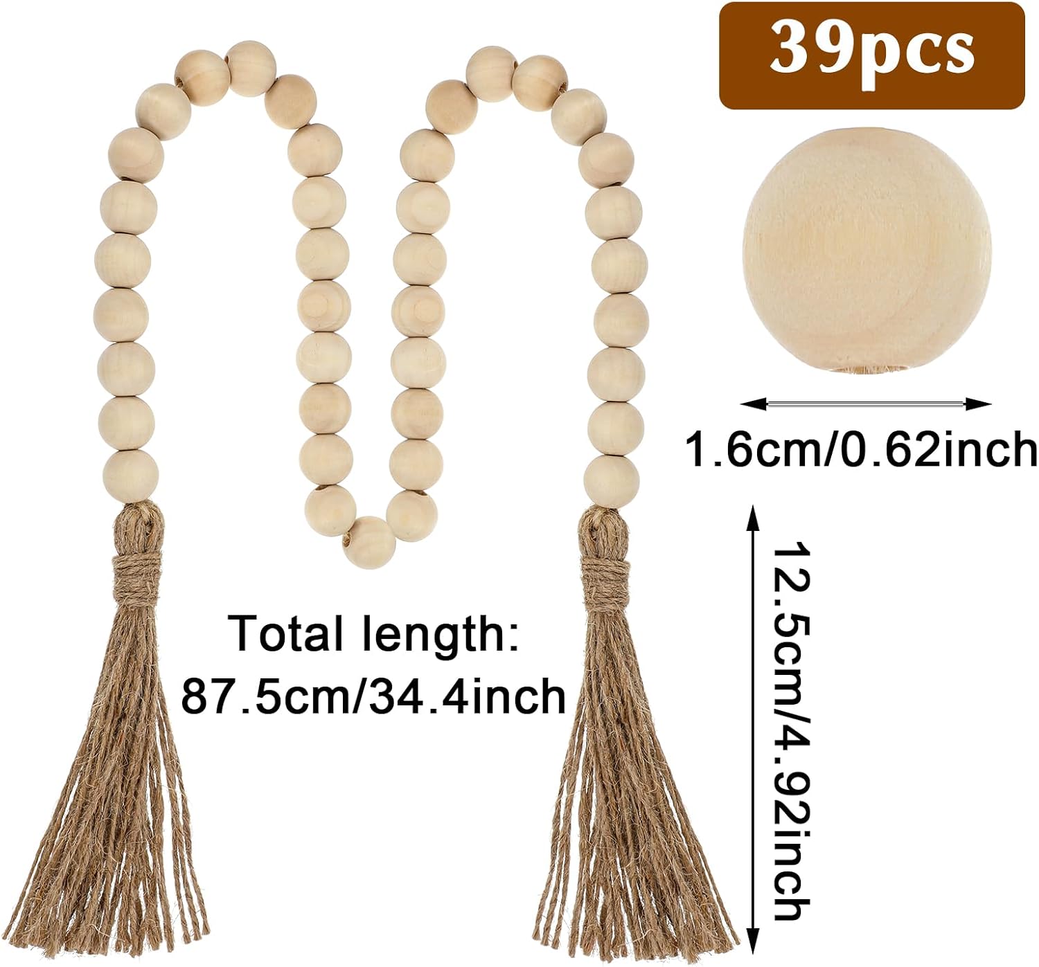 34in Farmhouse Wood Beads Garland with Tassels, Decorative Bead Home Decor Wooden Beads Garland Country Room Hanging for Wood Entryway Table, Shelf, Tray, Curtain Decor Beige