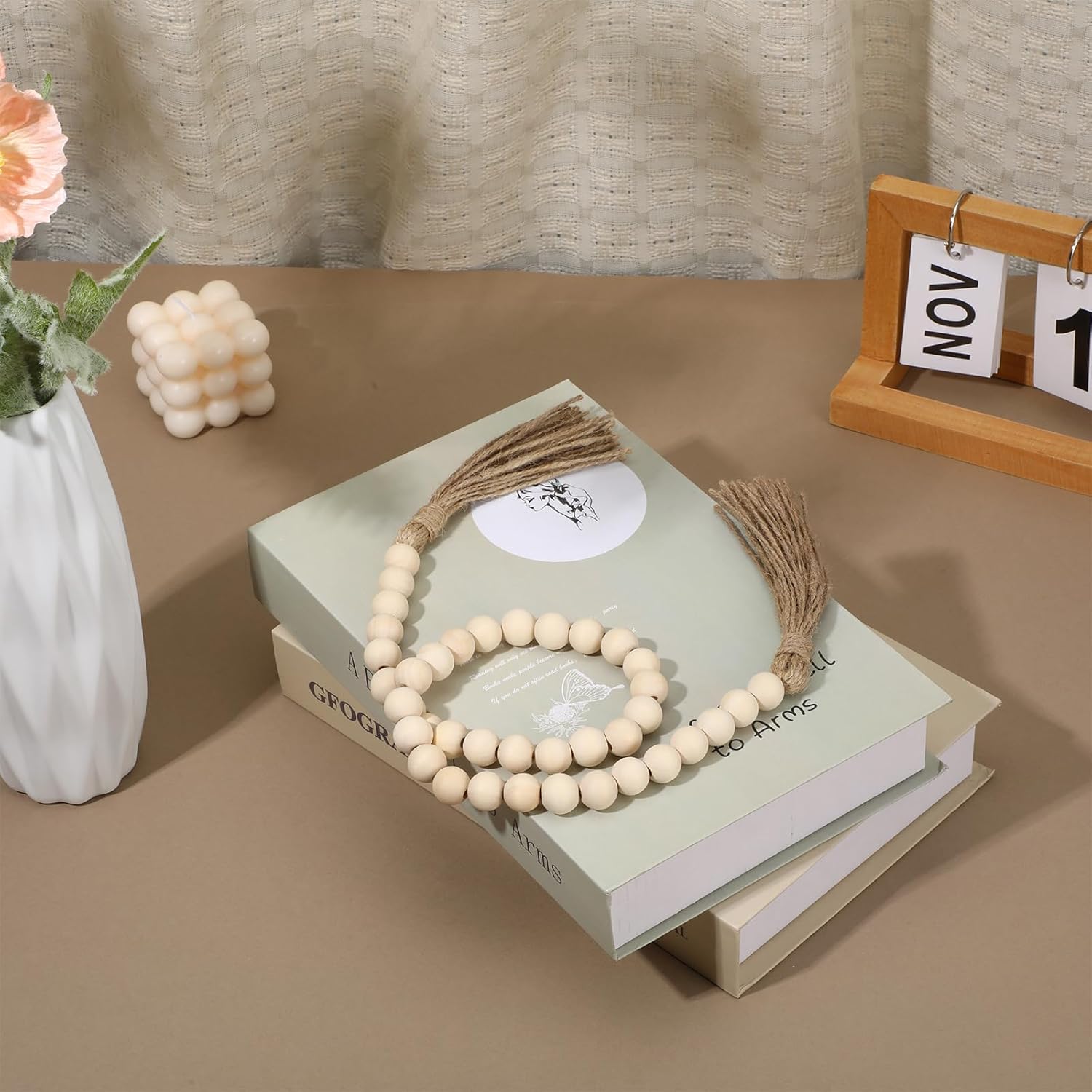 34in Farmhouse Wood Beads Garland with Tassels, Decorative Bead Home Decor Wooden Beads Garland Country Room Hanging for Wood Entryway Table, Shelf, Tray, Curtain Decor Beige