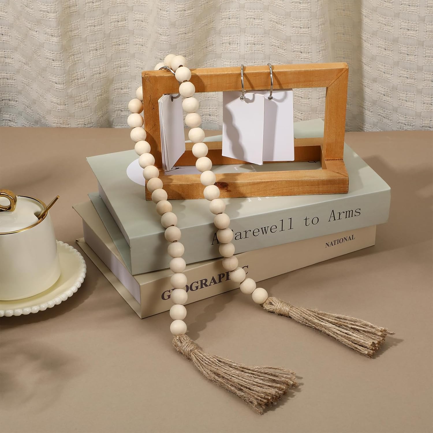 34in Farmhouse Wood Beads Garland with Tassels, Decorative Bead Home Decor Wooden Beads Garland Country Room Hanging for Wood Entryway Table, Shelf, Tray, Curtain Decor Beige