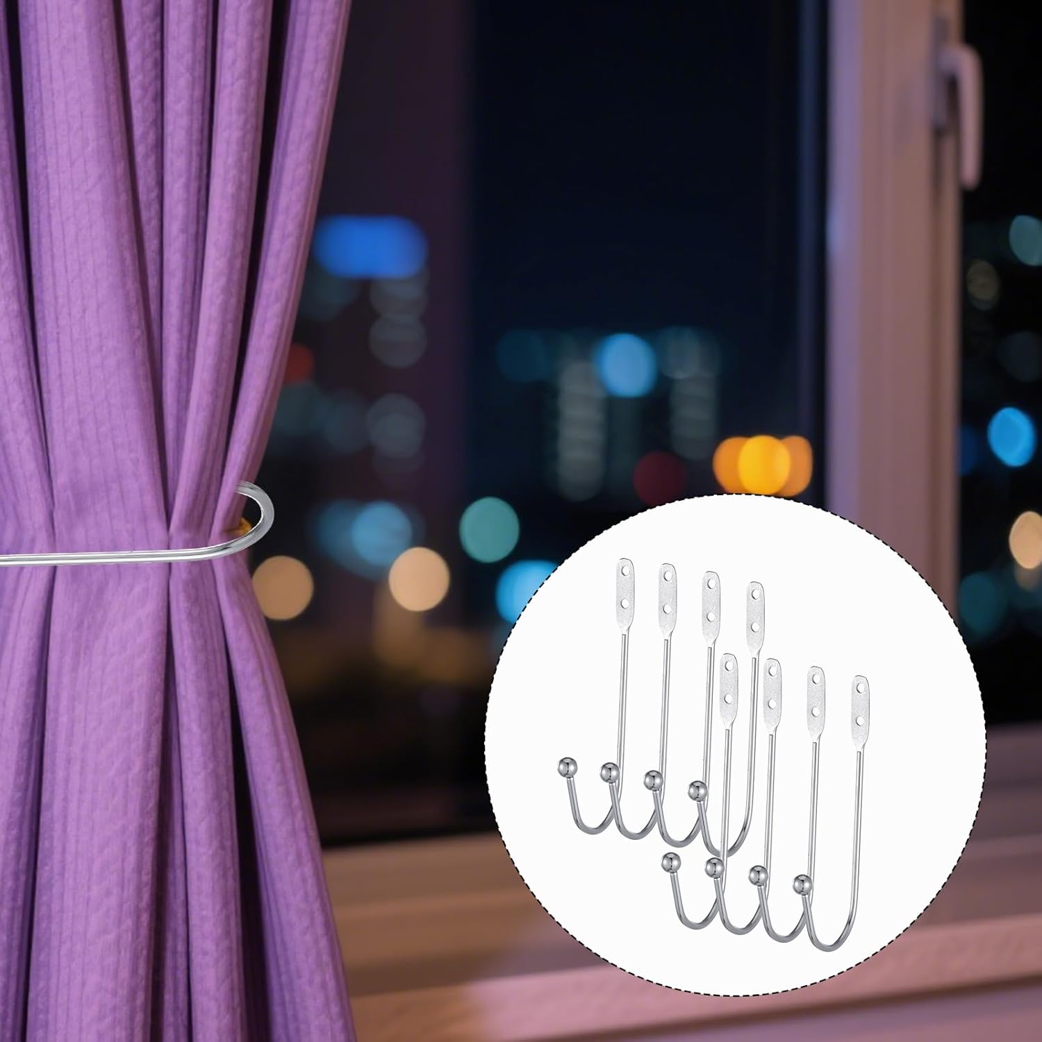 8 Pcs Metal Curtain Holdbacks, Curtain Tiebacks Wall Mounted Curtains Hooks Decorative Drapery Tie Backs Retro Window Hook with Screws for Drapes, Home Decor Silver