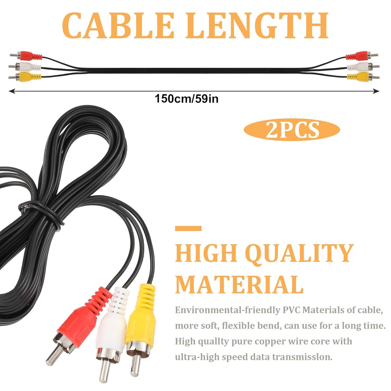 2 Pcs 5FT RCA Audio Video Composite Cable, AV Cable Red/White/Yellow 3 Male to 3 Male for TV, DVD, VCR, Projector, Amplifier, Speaker, Satellite, Home Theater Receivers
