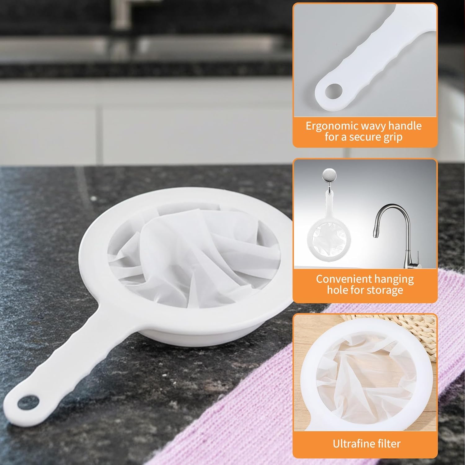 2 Pcs Plastic Fine Mesh Strainer, Nylon Ultra-Fine Juice Strainer Fine Mesh Sieve Small Coffee Strainers with Handle Mini Brine Shrimp Separation Net for Nut Milk, Yogurt, Honey, Wine 300/400 Mesh