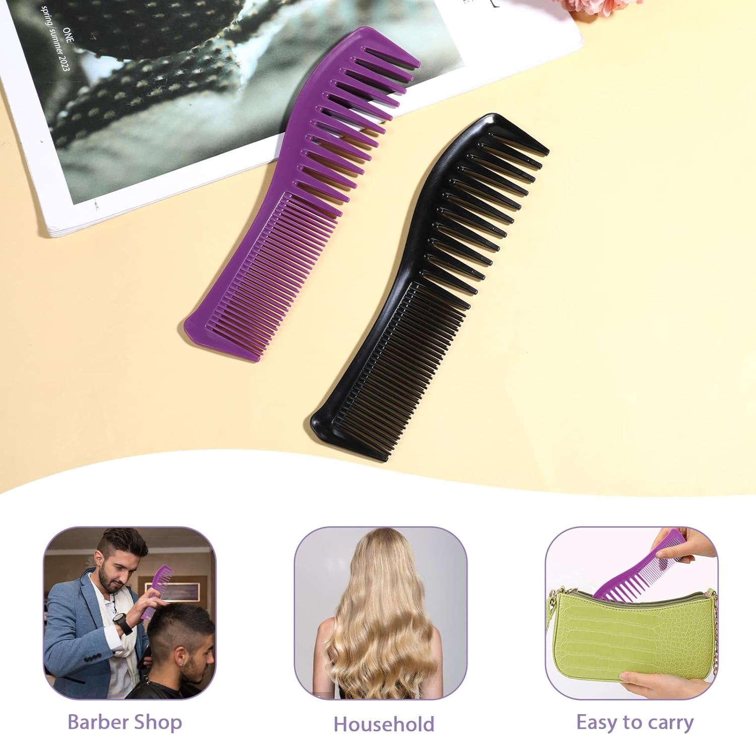 Plastic Comb All-Purpose Hair Grooming Set - 2 Pack Double-Sided Barber Combs, 7.1 inch Plastic for Men & Women - Wide & Fine Tooth for Professional Hairstyling Purple,Black