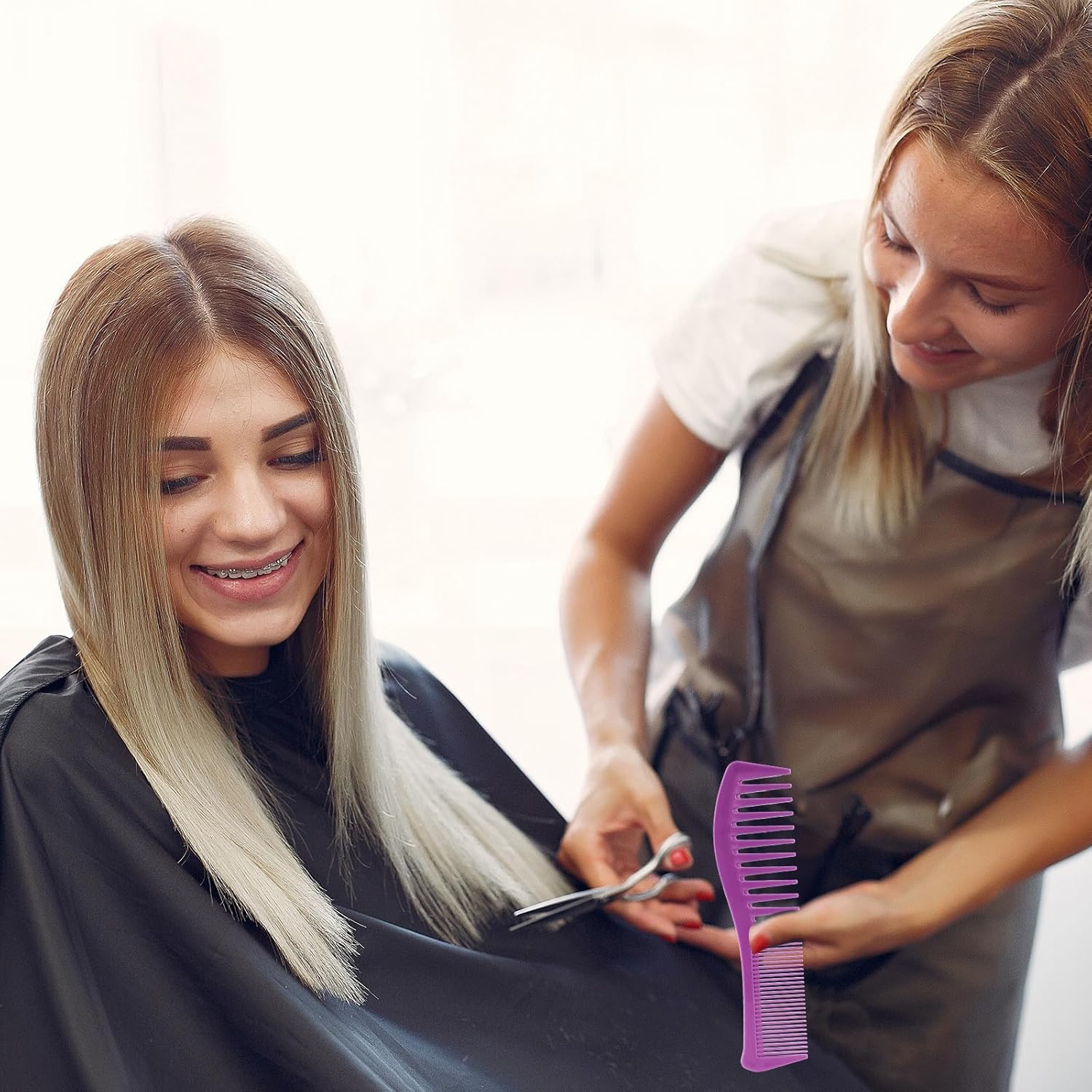 Plastic Comb All-Purpose Hair Grooming Set - 2 Pack Double-Sided Barber Combs, 7.1 inch Plastic for Men & Women - Wide & Fine Tooth for Professional Hairstyling Purple,Black