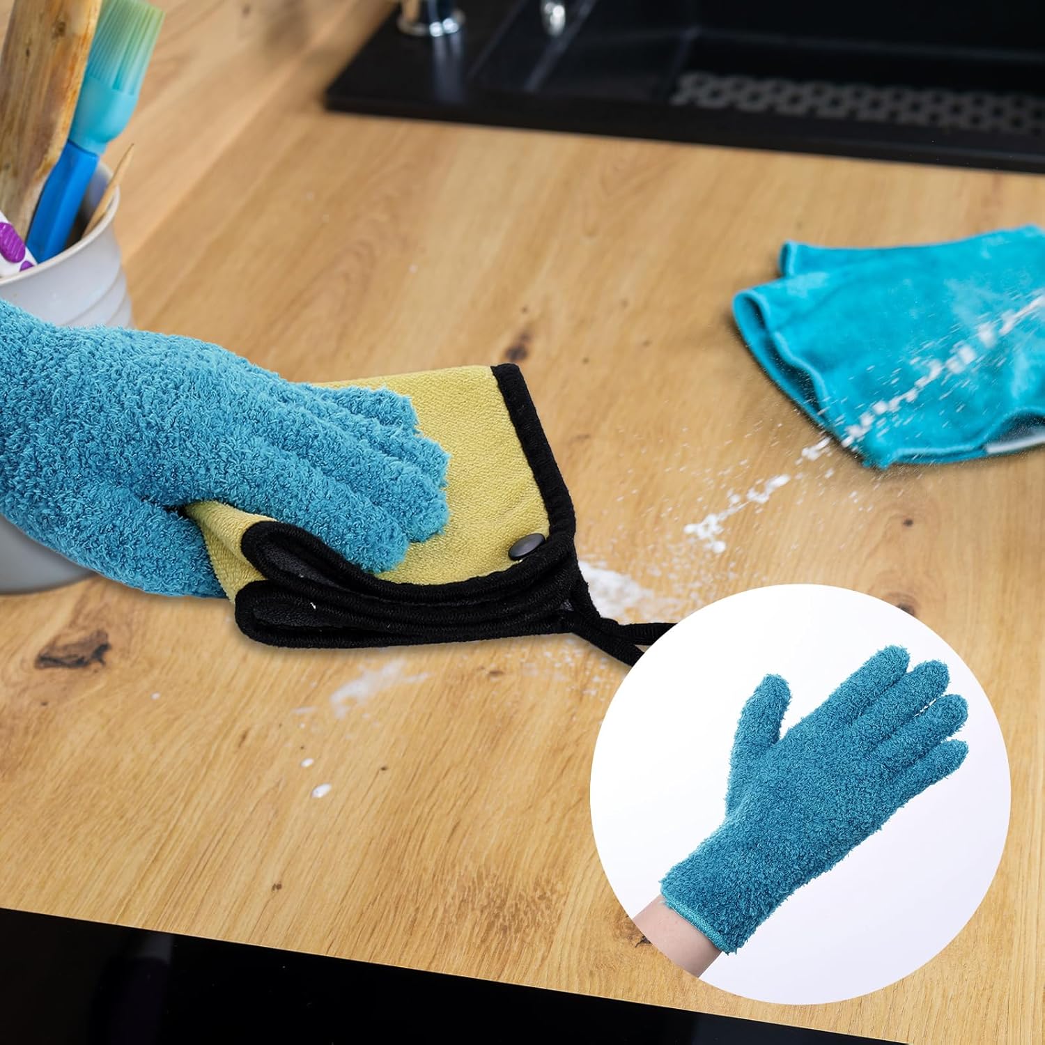 Microfiber Gloves for Plants Dusting Cleaning, Dusting Gloves for House Cleanings, Coral Fleece Cleaning Mittens Reusable Household Glove for Plants Cars Blinds Lamps Hard to Reach Corners Blue