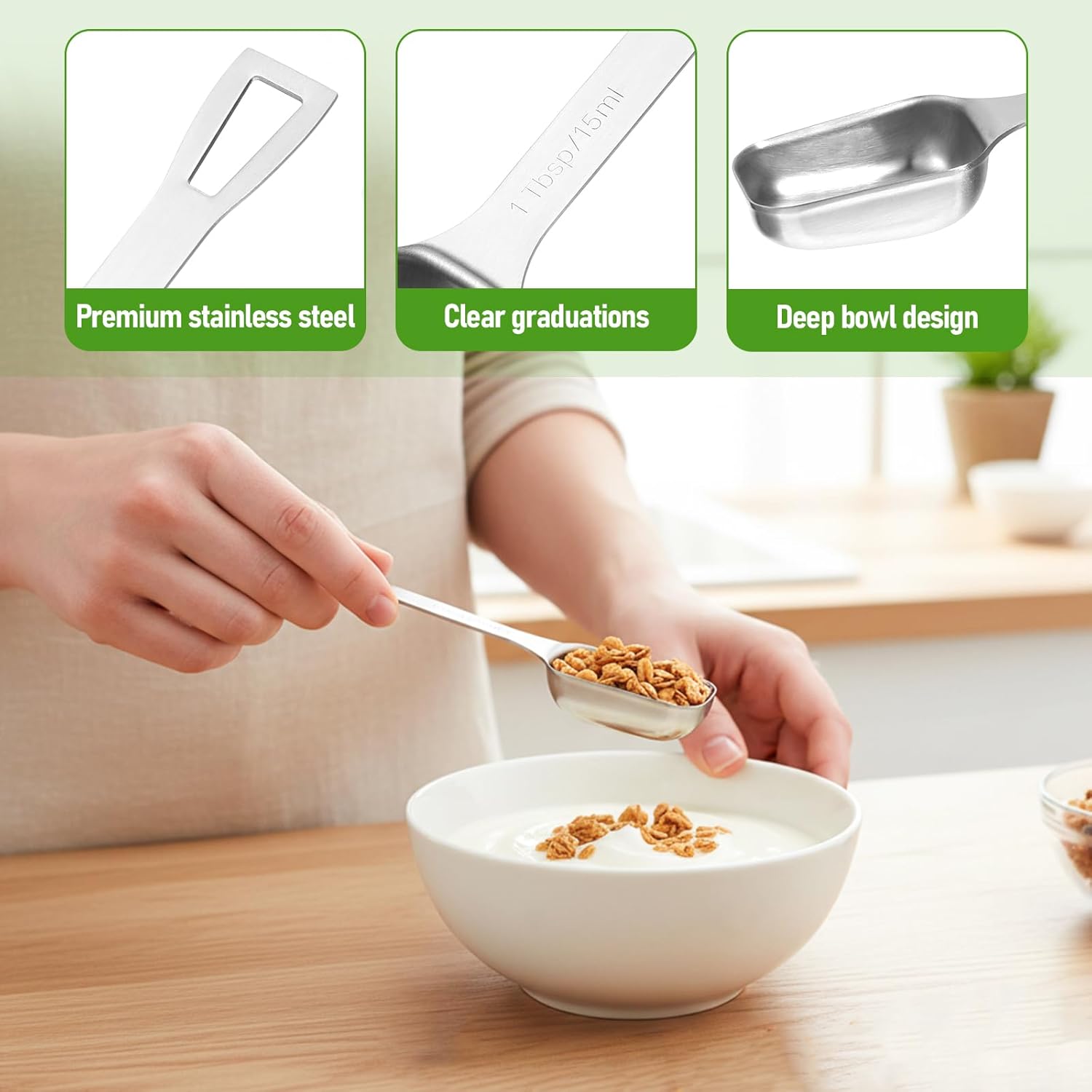 2 Pcs 1 Tablespoon, Stainless Steel Single Long Handle Measuring Spoon Scoop for Coffee Spices Tea Sugar, Dishwasher Safe Rust-Resistant Kitchen Gadgets for Cooking Baking 1tbsp, 3tsp, 15ml, 1/2oz