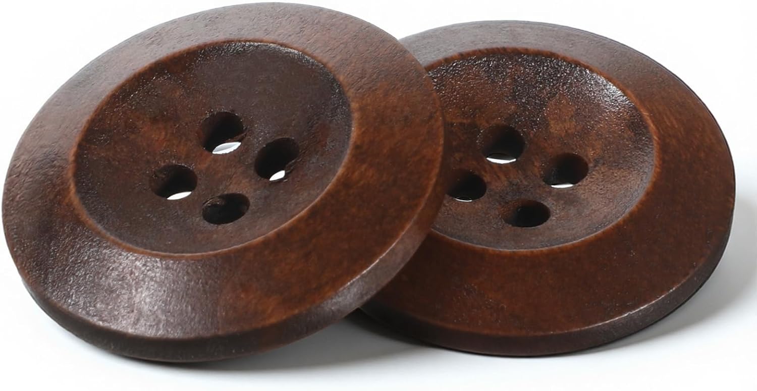 50 Pcs Big Wooden Buttons, 1 Inch 25 mm Small Natural Wood Brown Buttons 4 Hole Round Sewing Large Replacement Button for Clothing, DIY Crafts, Jackets, Sewing Project, Home Decorations