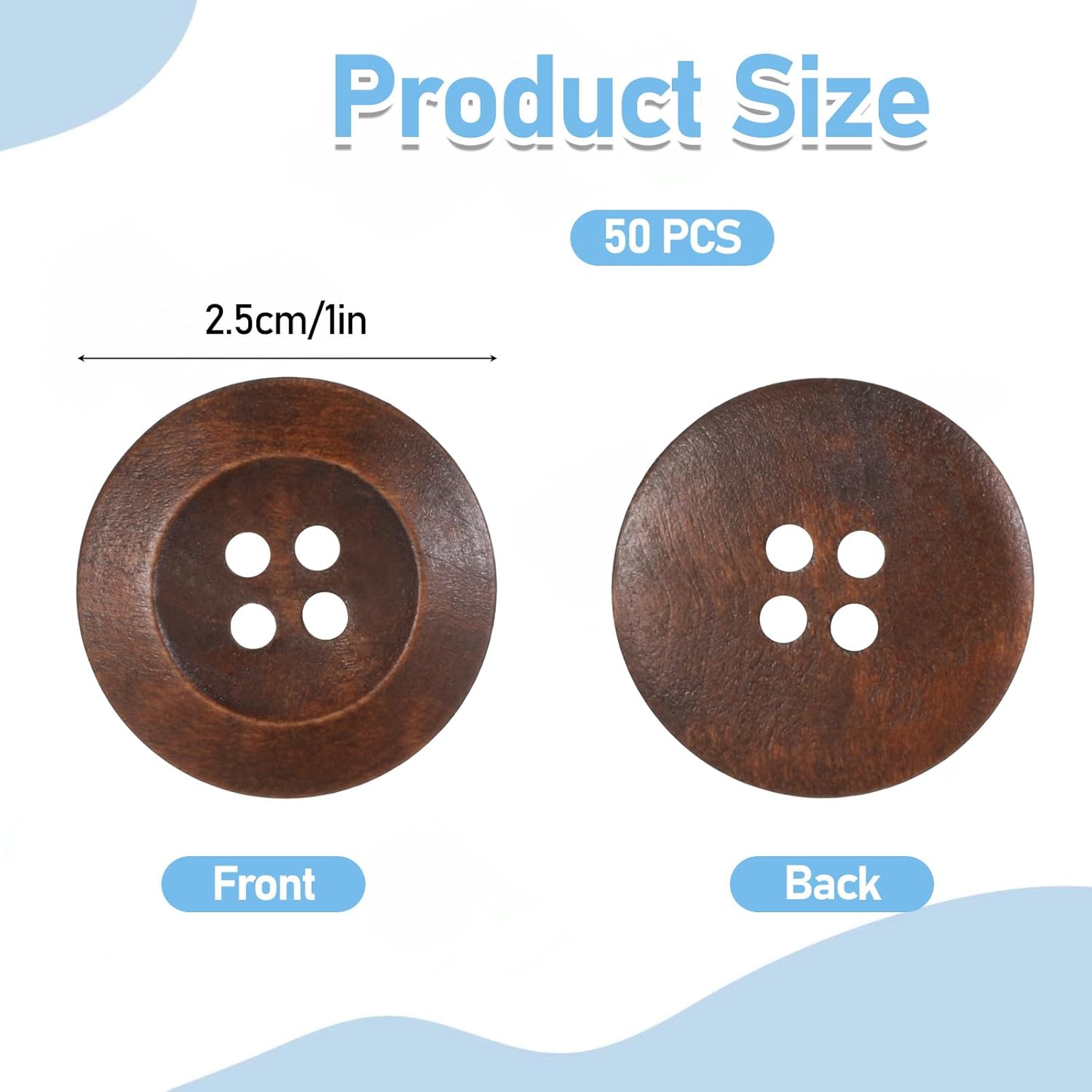 50 Pcs Big Wooden Buttons, 1 Inch 25 mm Small Natural Wood Brown Buttons 4 Hole Round Sewing Large Replacement Button for Clothing, DIY Crafts, Jackets, Sewing Project, Home Decorations