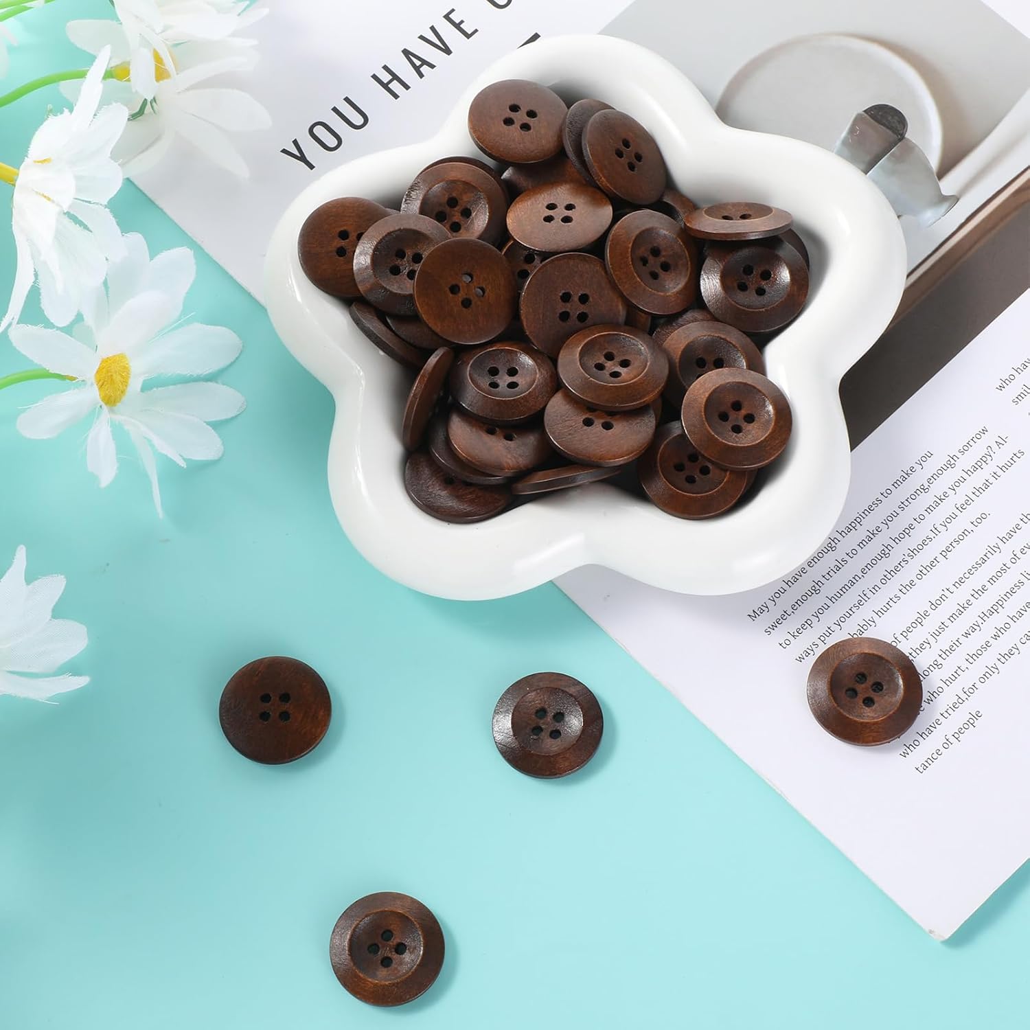 50 Pcs Big Wooden Buttons, 1 Inch 25 mm Small Natural Wood Brown Buttons 4 Hole Round Sewing Large Replacement Button for Clothing, DIY Crafts, Jackets, Sewing Project, Home Decorations