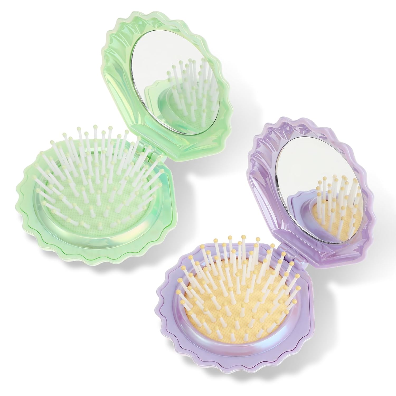 2 PCS Shell Folding Hair Brush with Mirror, Foldable Mini Hairbrush Retractable Purse Combs Cute Small Travel Brushes for Women, Portable Shell Pocket Comb for Purse Purple, Green