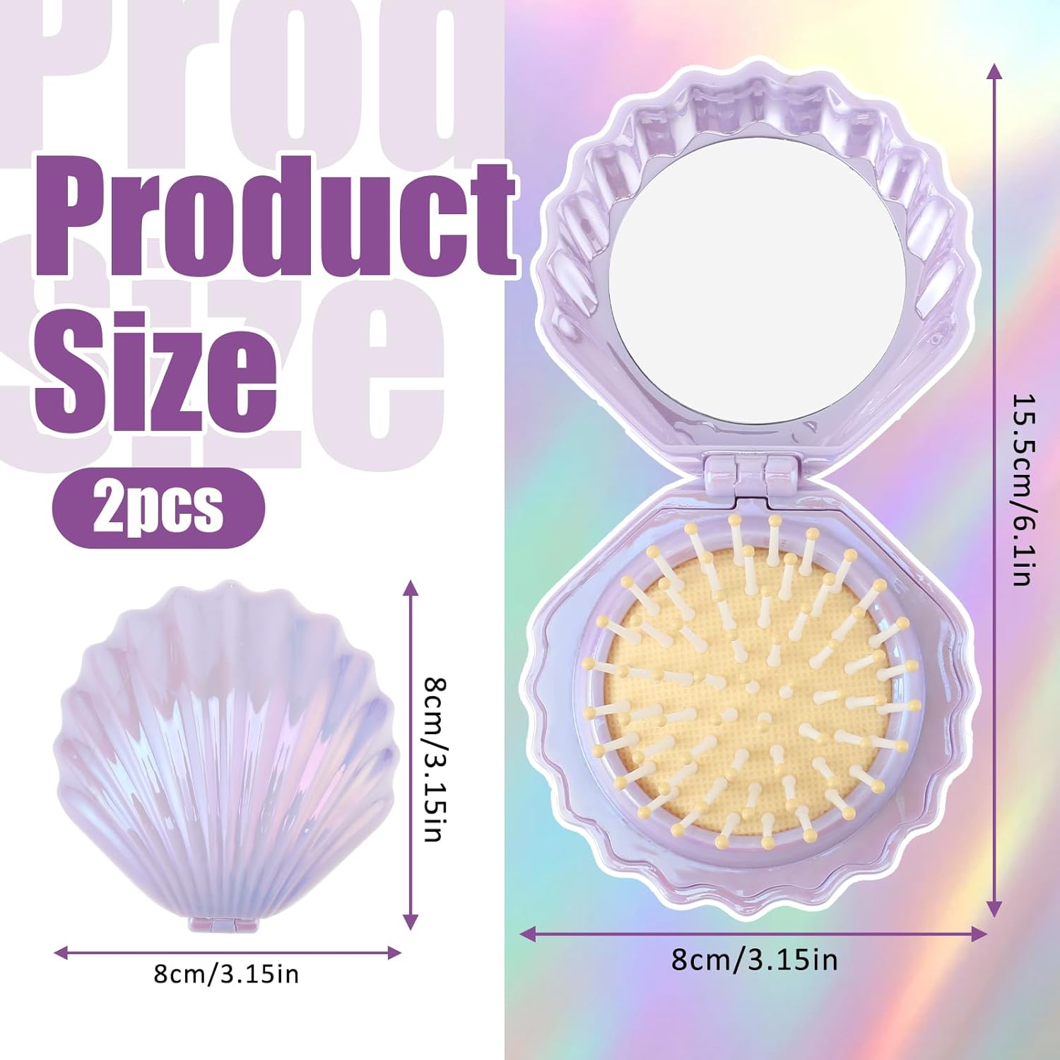 2 PCS Shell Folding Hair Brush with Mirror, Foldable Mini Hairbrush Retractable Purse Combs Cute Small Travel Brushes for Women, Portable Shell Pocket Comb for Purse Purple, Green