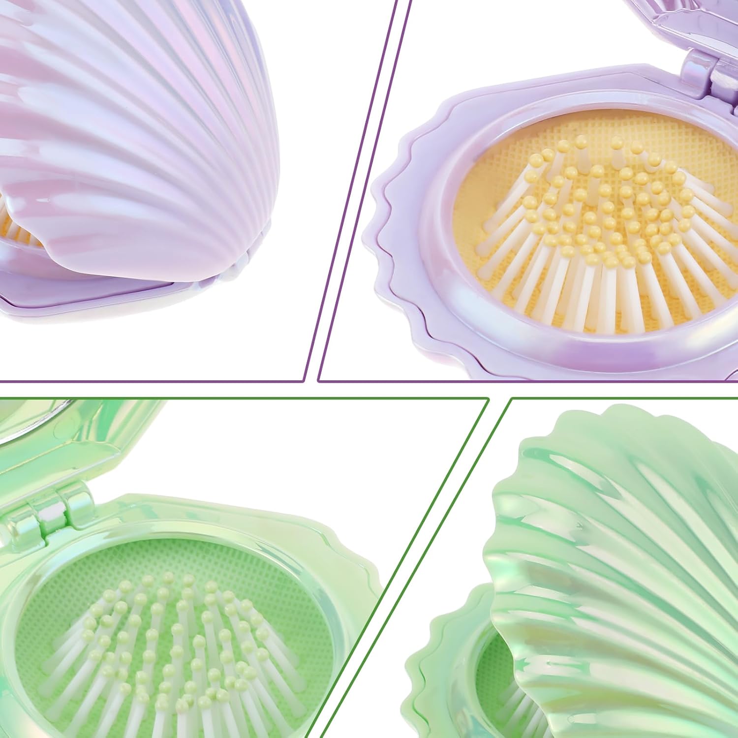 2 PCS Shell Folding Hair Brush with Mirror, Foldable Mini Hairbrush Retractable Purse Combs Cute Small Travel Brushes for Women, Portable Shell Pocket Comb for Purse Purple, Green