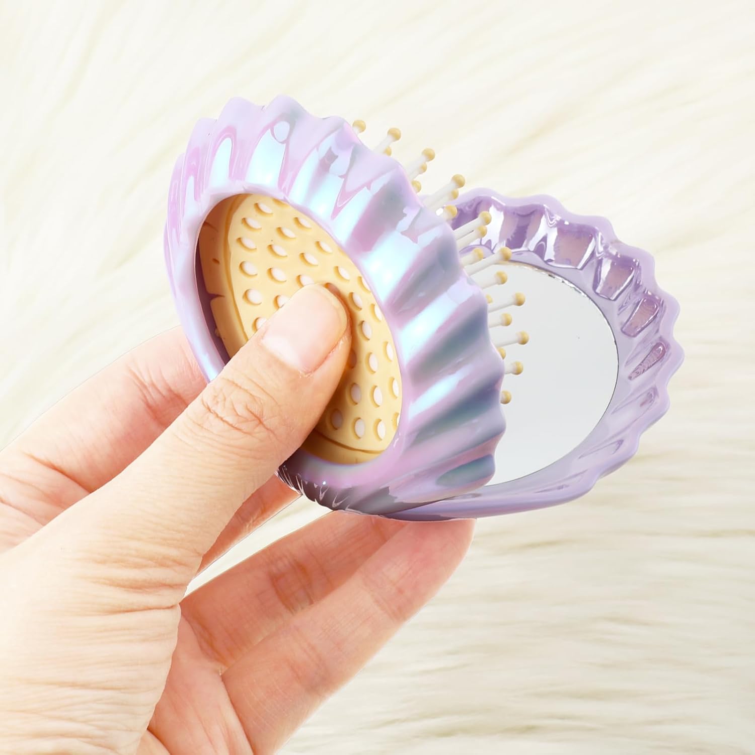 2 PCS Shell Folding Hair Brush with Mirror, Foldable Mini Hairbrush Retractable Purse Combs Cute Small Travel Brushes for Women, Portable Shell Pocket Comb for Purse Purple, Green