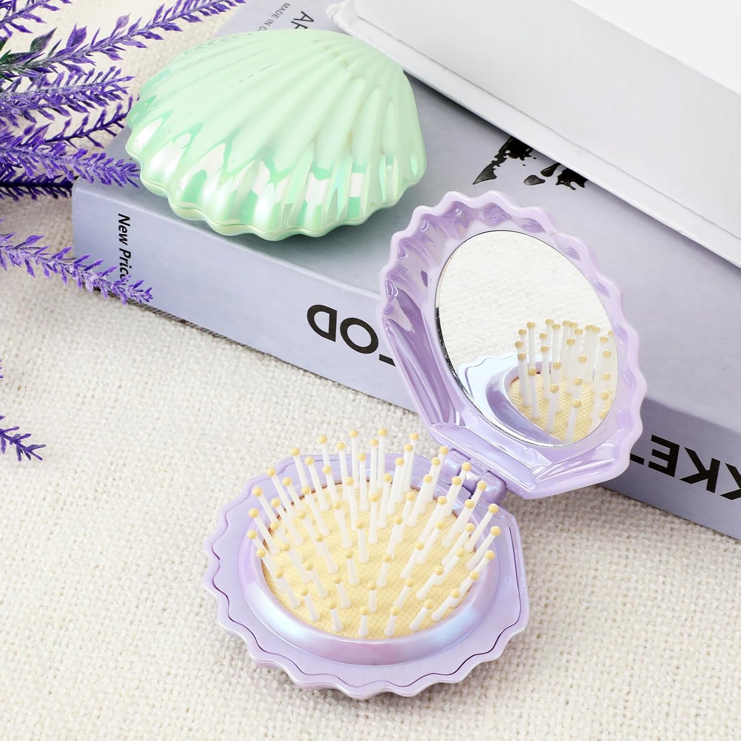 2 PCS Shell Folding Hair Brush with Mirror, Foldable Mini Hairbrush Retractable Purse Combs Cute Small Travel Brushes for Women, Portable Shell Pocket Comb for Purse Purple, Green