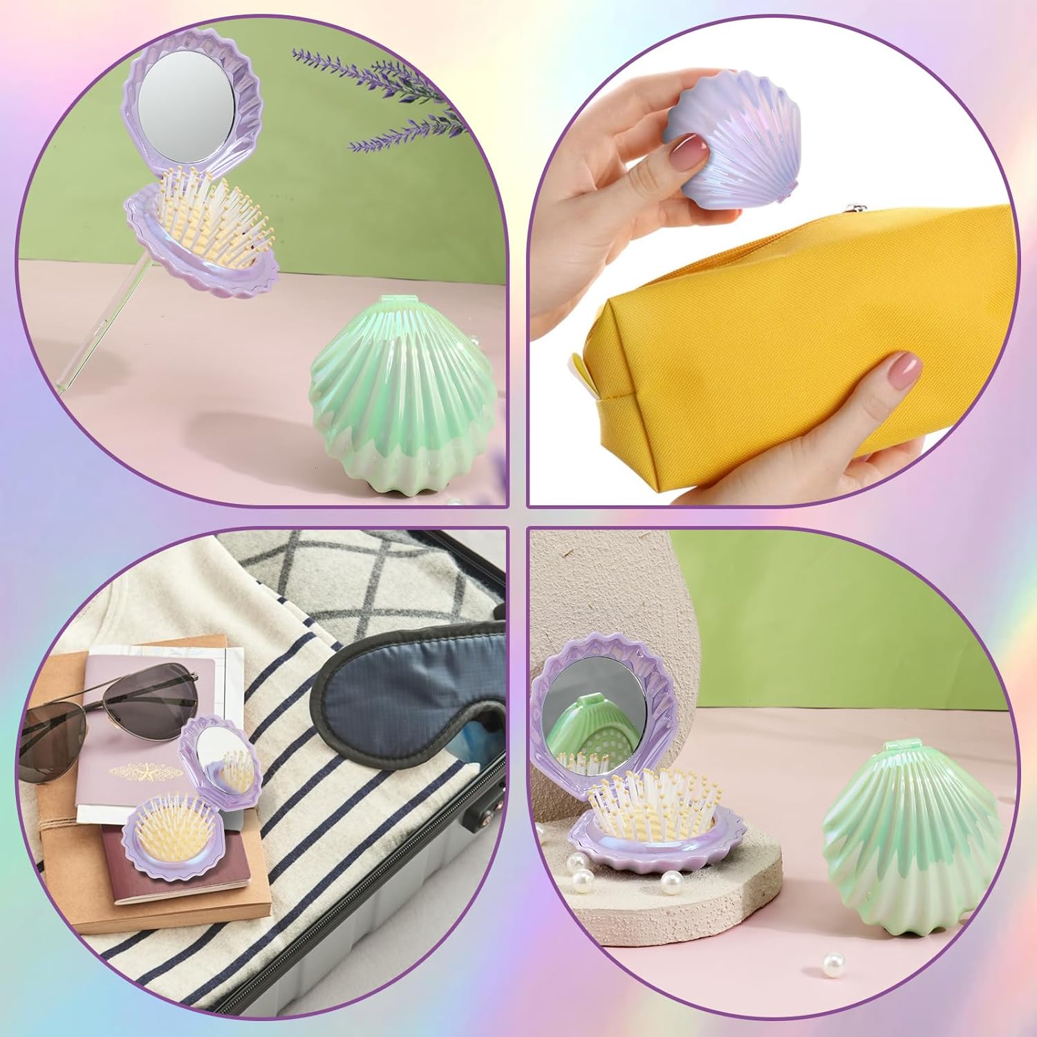 2 PCS Shell Folding Hair Brush with Mirror, Foldable Mini Hairbrush Retractable Purse Combs Cute Small Travel Brushes for Women, Portable Shell Pocket Comb for Purse Purple, Green