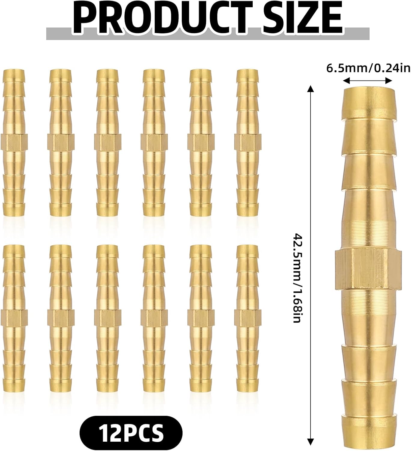 1/4 Inch Hose Barb Fitting, 12 Pcs Brass Splicer Mender Barbed Connector Air Hose Fittings Metal Air Line Repair Kit Garden Straight Watertight Hoses Connectors for Water, Fuel, Oil