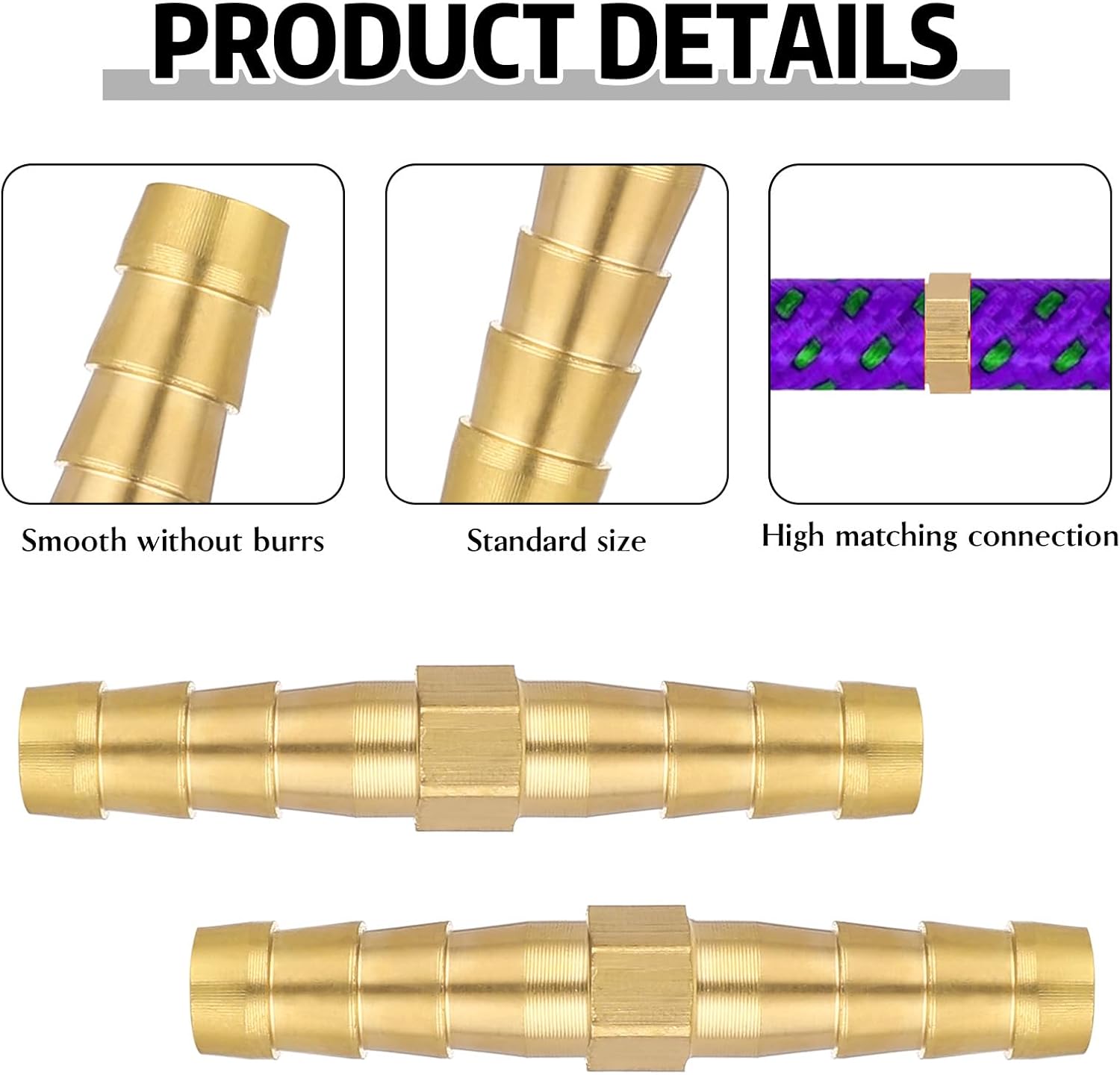 1/4 Inch Hose Barb Fitting, 12 Pcs Brass Splicer Mender Barbed Connector Air Hose Fittings Metal Air Line Repair Kit Garden Straight Watertight Hoses Connectors for Water, Fuel, Oil