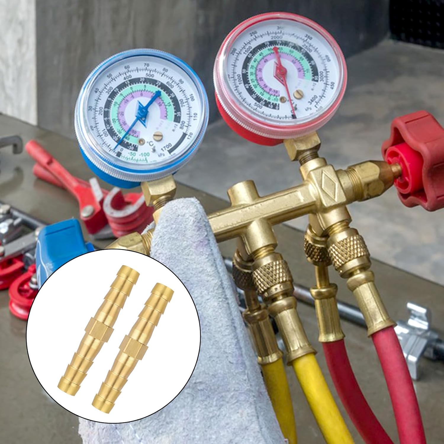 1/4 Inch Hose Barb Fitting, 12 Pcs Brass Splicer Mender Barbed Connector Air Hose Fittings Metal Air Line Repair Kit Garden Straight Watertight Hoses Connectors for Water, Fuel, Oil