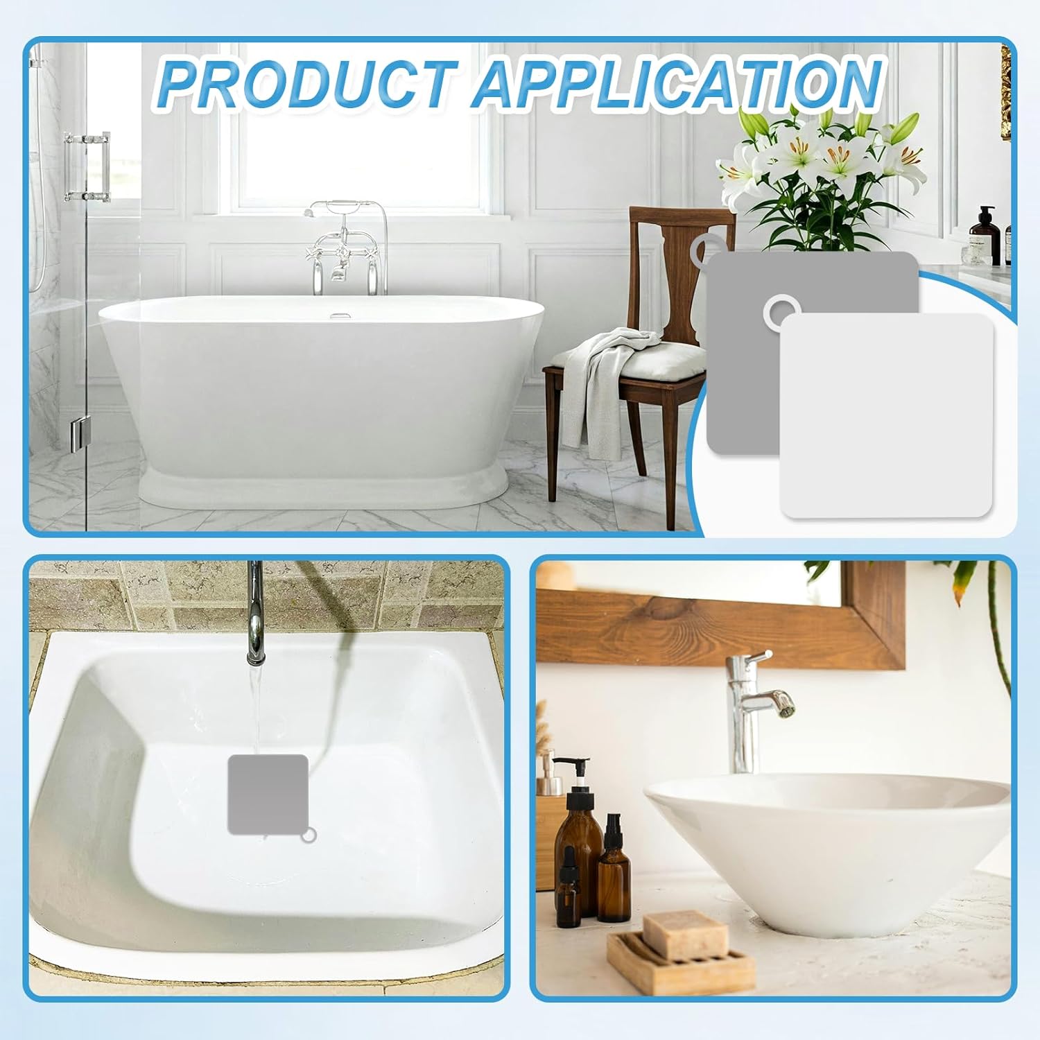 Drain Cover, 6 PCS Silicone Shower Drain Cover Square Bathtub Stopper Multifunctional Floor Drain Covers Anti-Blocking Sink Covers for Laundr Kitchen Bathroom Grey, White, 5.9 x 5.9 Inch