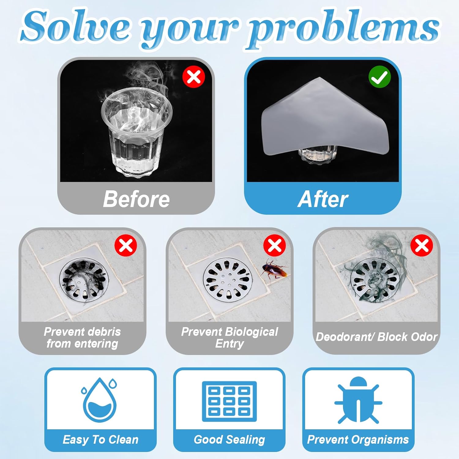 Drain Cover, 6 PCS Silicone Shower Drain Cover Square Bathtub Stopper Multifunctional Floor Drain Covers Anti-Blocking Sink Covers for Laundr Kitchen Bathroom Grey, White, 5.9 x 5.9 Inch