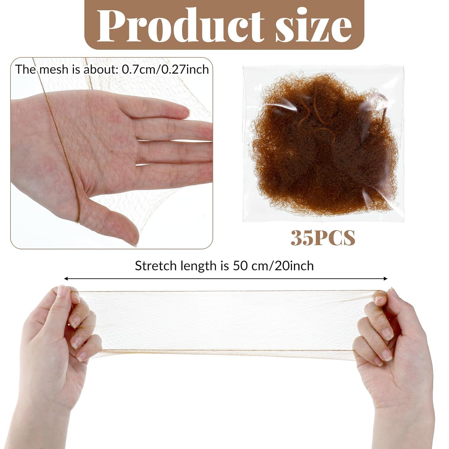Hair Nets, 35 Pcs Invisible Hair Net for Buns, 20 Inch Strong Nylon Elastic Mesh Wig Nets Hairnet Hairs Accessories for Women Men Ballet, Food Service Workers, Kitchen Daily Styling Brown