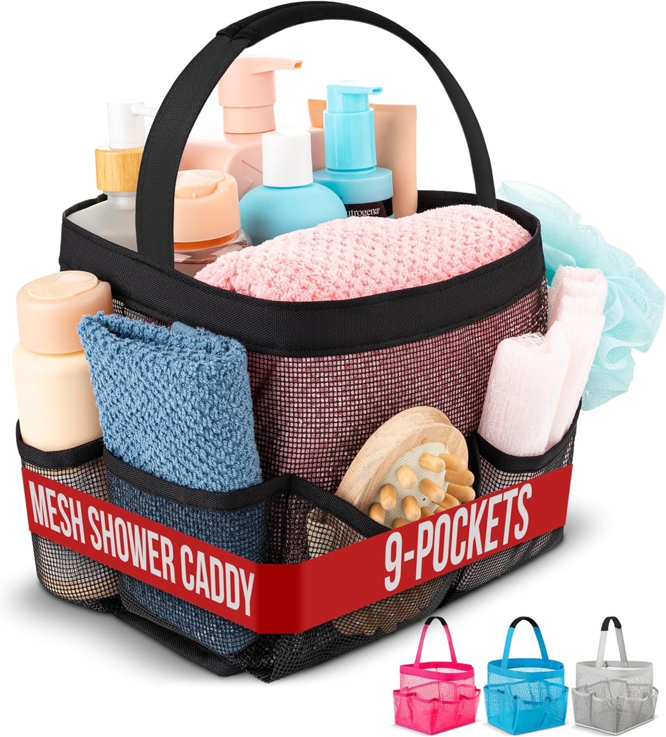 Shower Caddy Mesh - 9 Pocket Portable Bathroom Organizer Tote for Travel, Gym & Dorm - Collapsible Small Shower Caddy Bag to Hold Toiletries & Essentials Black