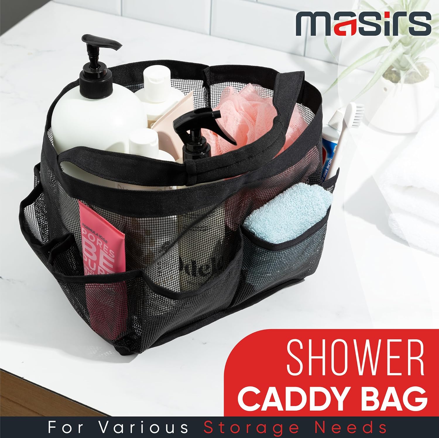 Shower Caddy Mesh - 9 Pocket Portable Bathroom Organizer Tote for Travel, Gym & Dorm - Collapsible Small Shower Caddy Bag to Hold Toiletries & Essentials Black