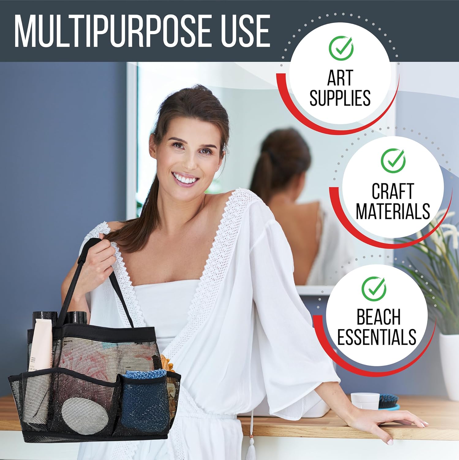Shower Caddy Mesh - 9 Pocket Portable Bathroom Organizer Tote for Travel, Gym & Dorm - Collapsible Small Shower Caddy Bag to Hold Toiletries & Essentials Black