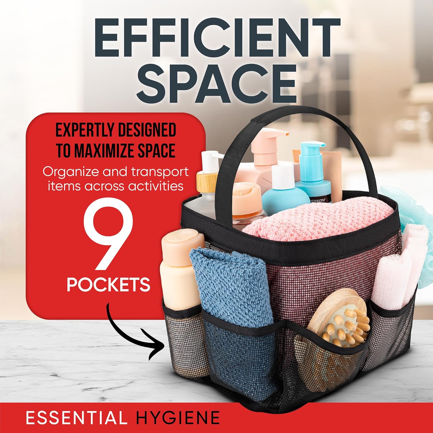 Shower Caddy Mesh - 9 Pocket Portable Bathroom Organizer Tote for Travel, Gym & Dorm - Collapsible Small Shower Caddy Bag to Hold Toiletries & Essentials Black