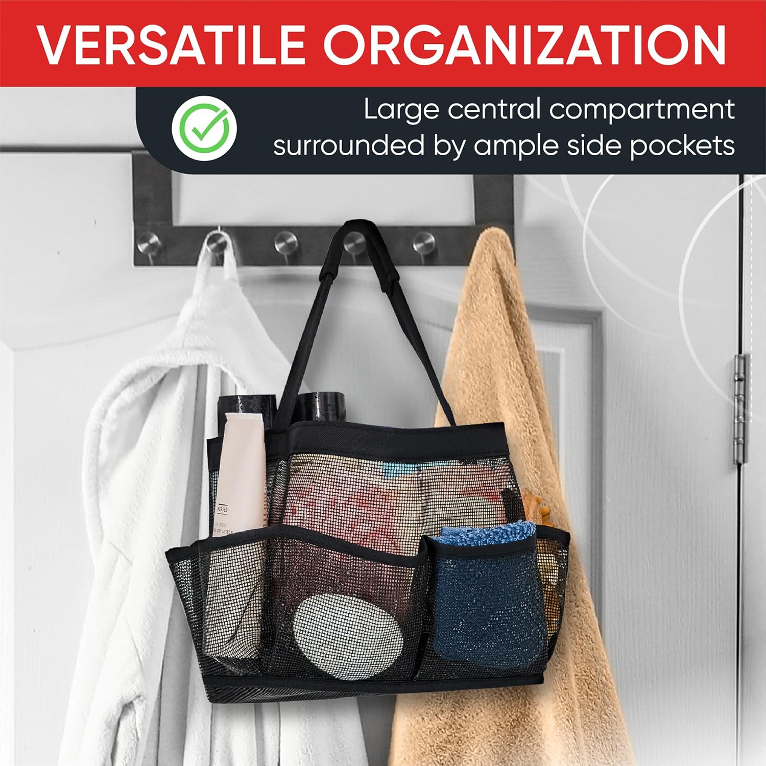 Shower Caddy Mesh - 9 Pocket Portable Bathroom Organizer Tote for Travel, Gym & Dorm - Collapsible Small Shower Caddy Bag to Hold Toiletries & Essentials Black
