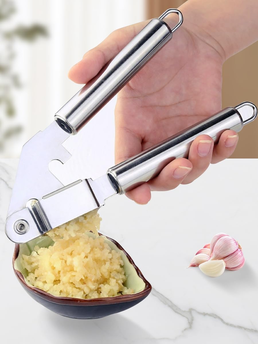 Garlic Press Stainless Steel - Premium Professional Grade Garlic Mincer, Crusher & Peeler Set - Easy Clean, Dishwasher Safe & Rust-proof
