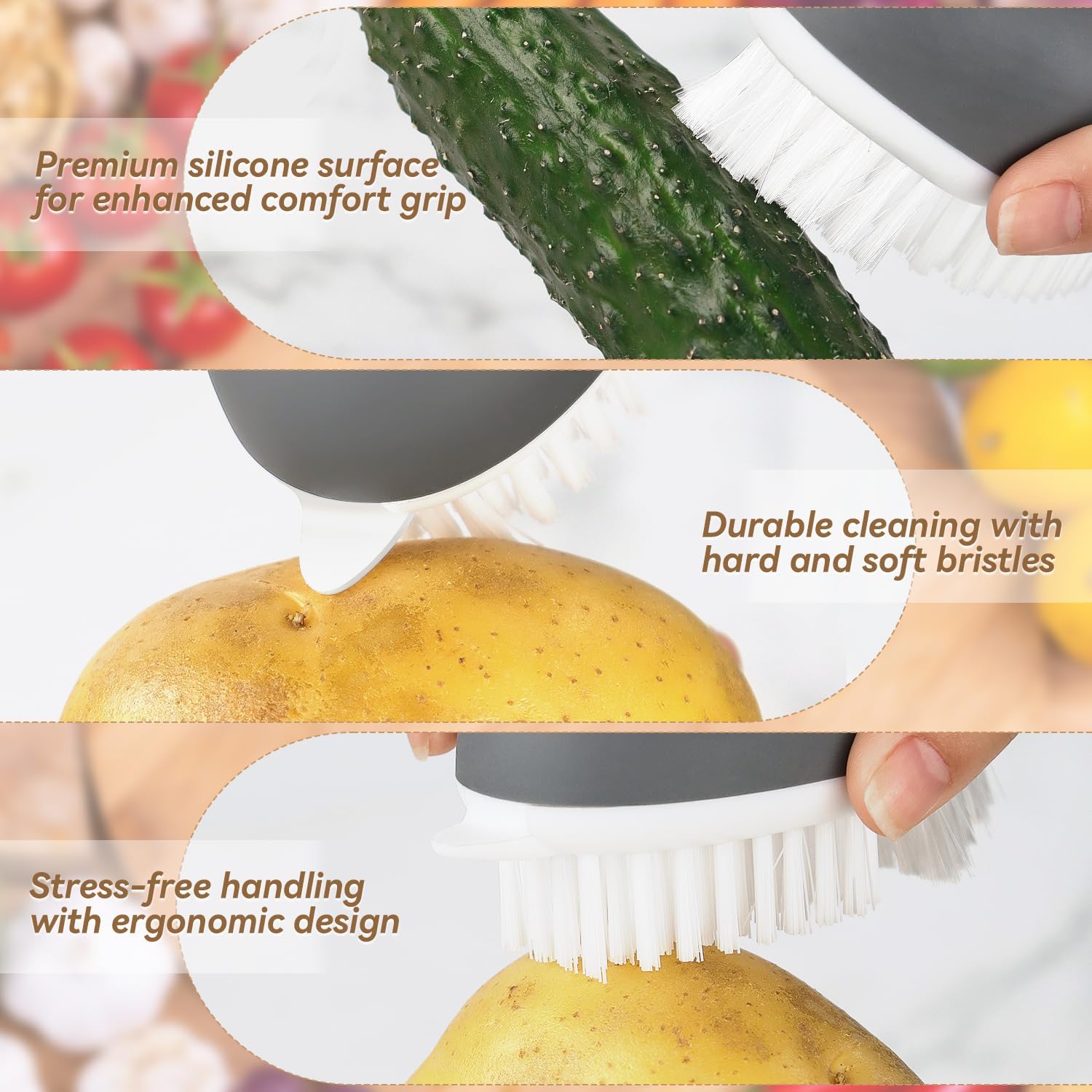 Vegetable Brush Potato Scrubber Brush Non Slip Comfortable Fruit Cleaning Tools for Washing Fruit Mushrooms Carrot or Tough-Skinned Vegetables 1 Pack Grey